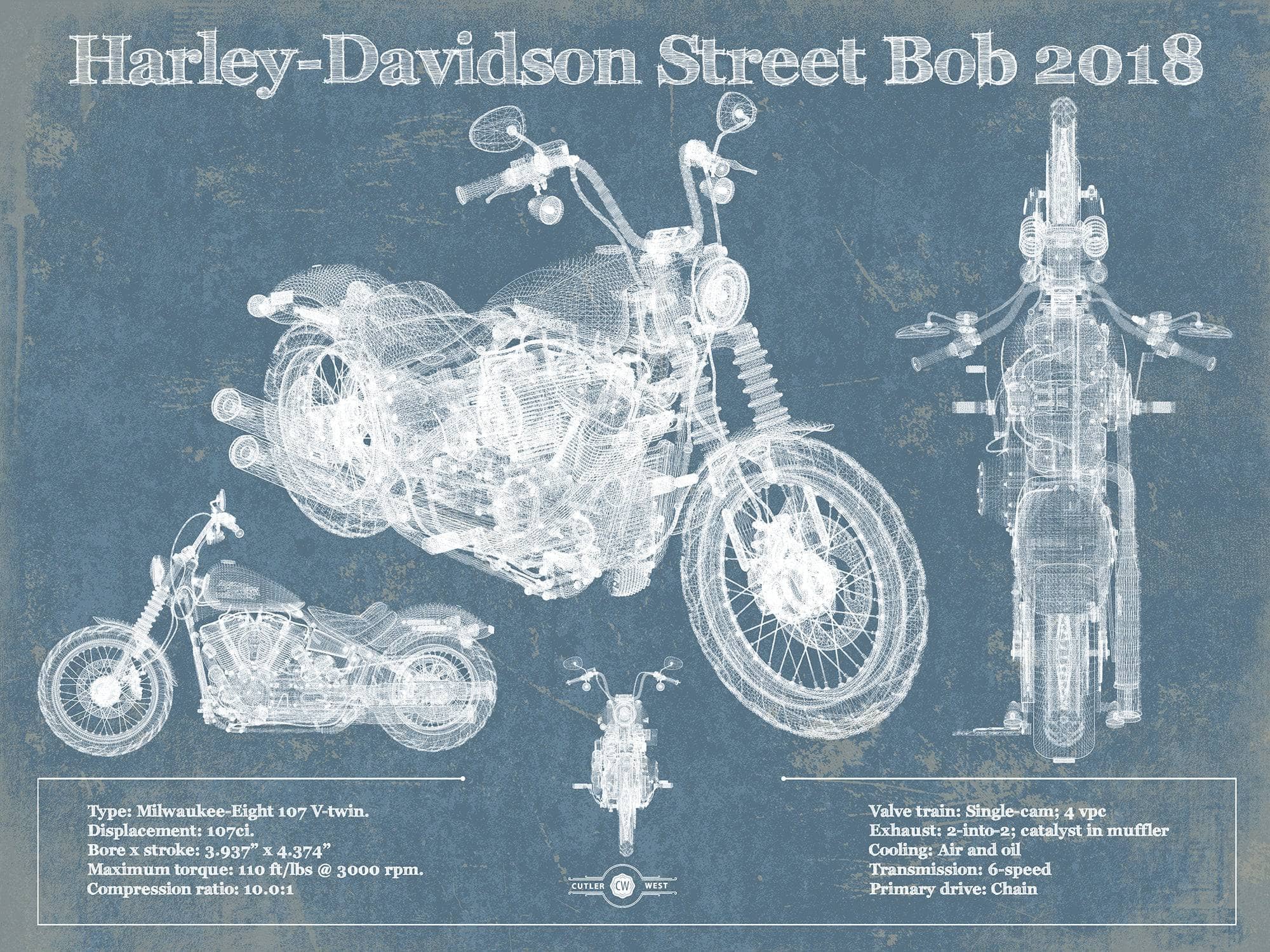 Cutler West 14" x 11" / Unframed Harley-Davidson Street Bob 2018 Blueprint Motorcycle Patent Print 833110150_20242