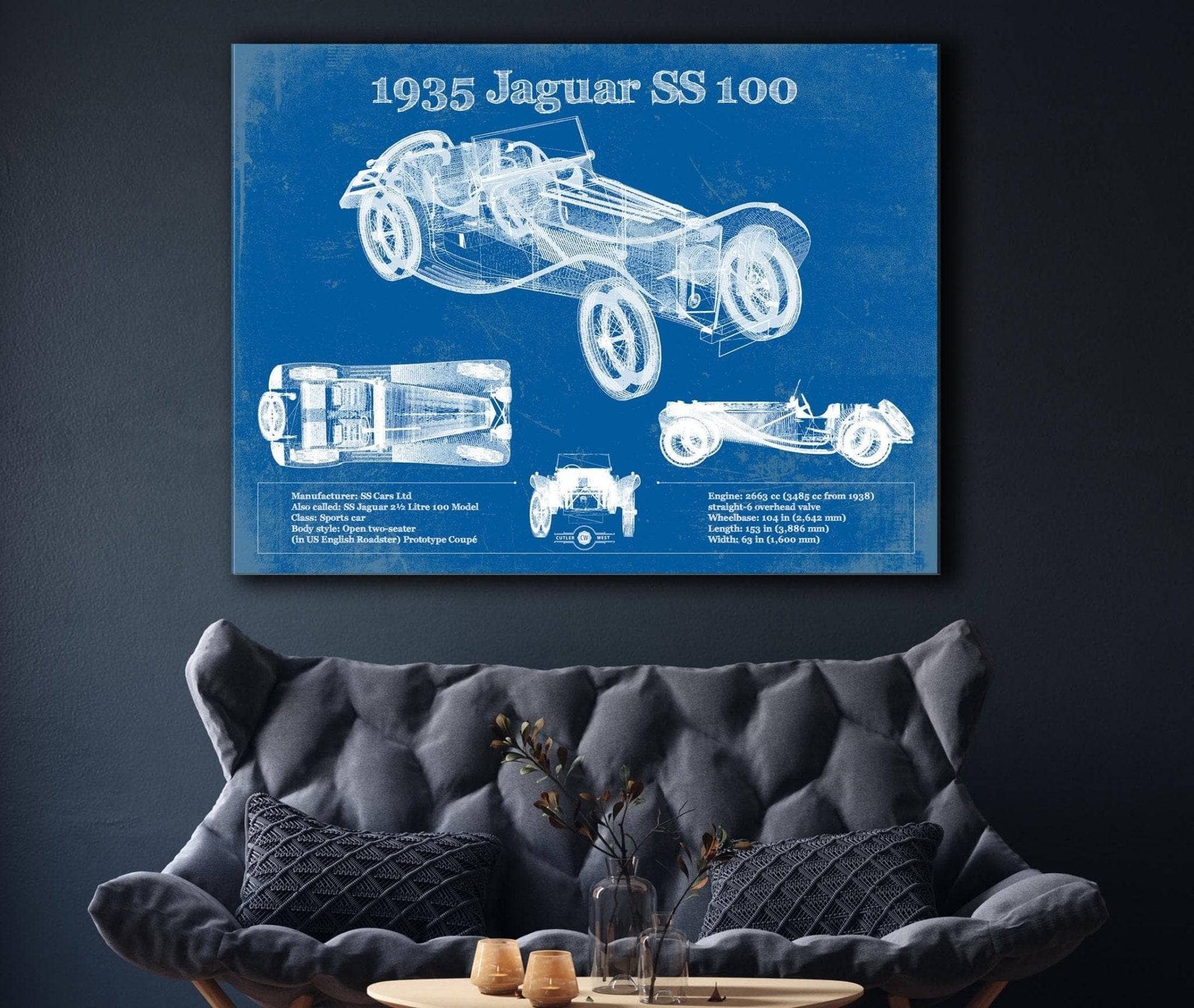 Cutler West Jaguar Collection 1935 Jaguar SS 100 Blueprint Vintage Auto Print