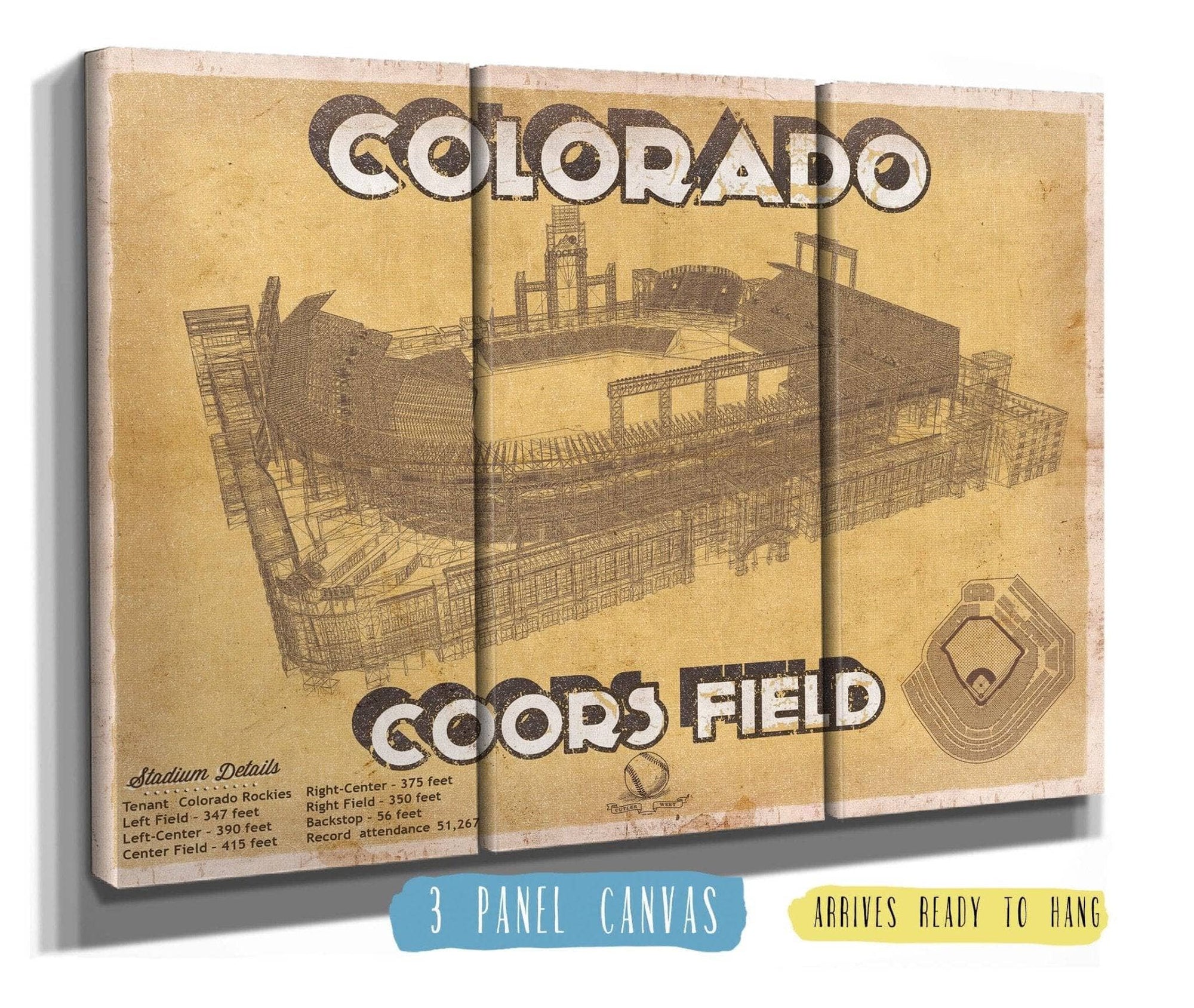 Cutler West Baseball Collection 48" x 32" / 3 Panel Canvas Wrap Colorado Rockies Coors Field - Vintage Baseball Fan Print 701938734_54133