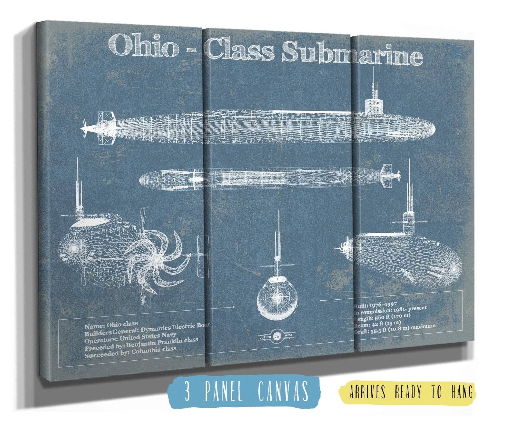 Cutler West Naval Military 48" x 32" / 3 Panel Canvas Wrap Ohio SSBN Nuclear Ballistic Missile Submarine Blueprint Patent Original Art - Customizable 933350069_20688