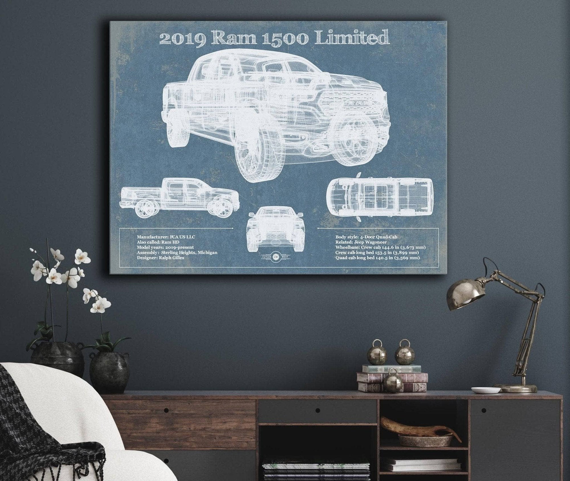 Cutler West Vehicle Collection 2019 Ram 1500 Limited Vintage Blueprint Auto Print