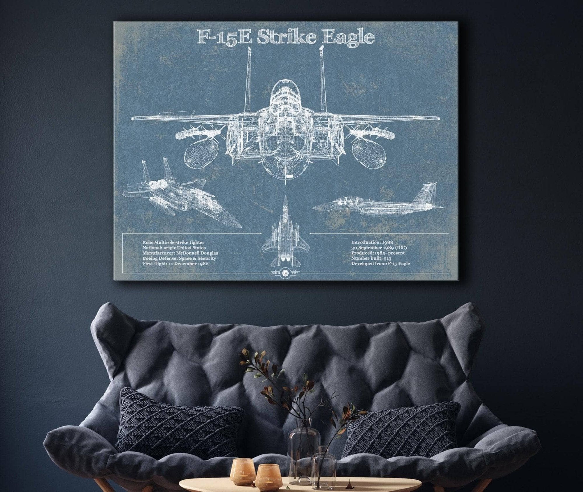 Cutler West Military Aircraft McDonnell Douglas F-15E Strike Eagle Vintage Aviation Blueprint Military Print - Custom Name and Squadron Text