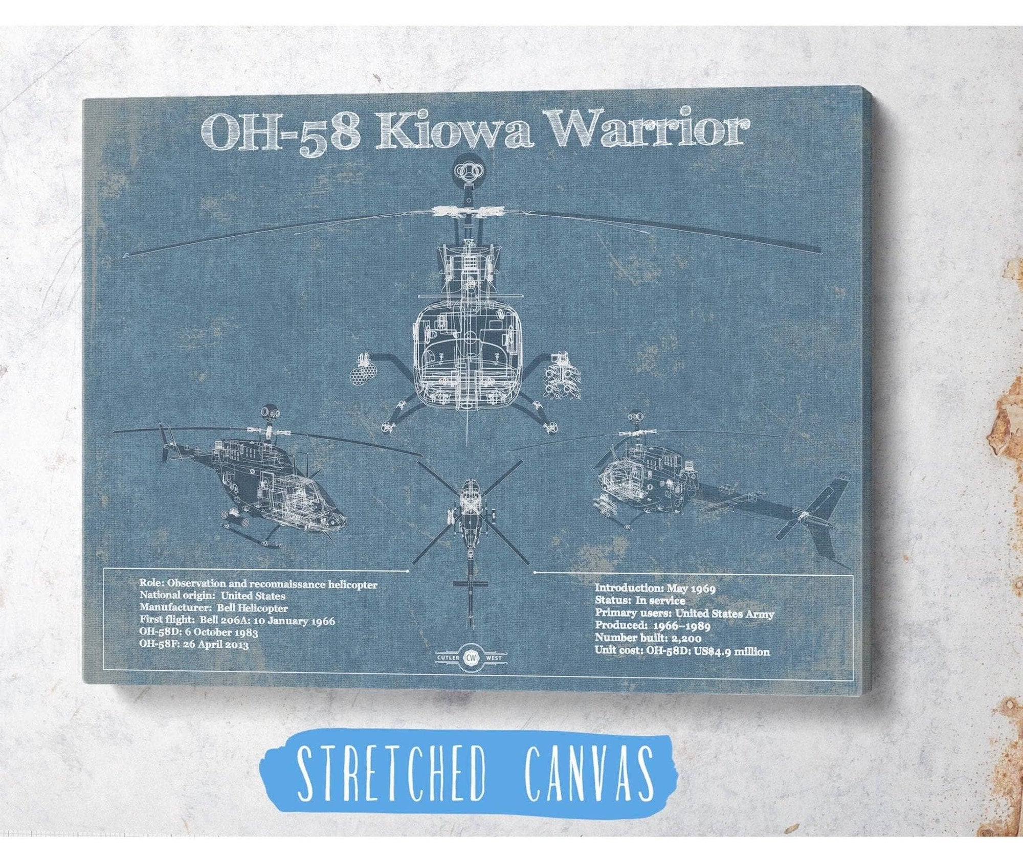 Cutler West Military Aircraft OH-58 Kiowa Warrior Helicopter Vintage Aviation Blueprint Military Print