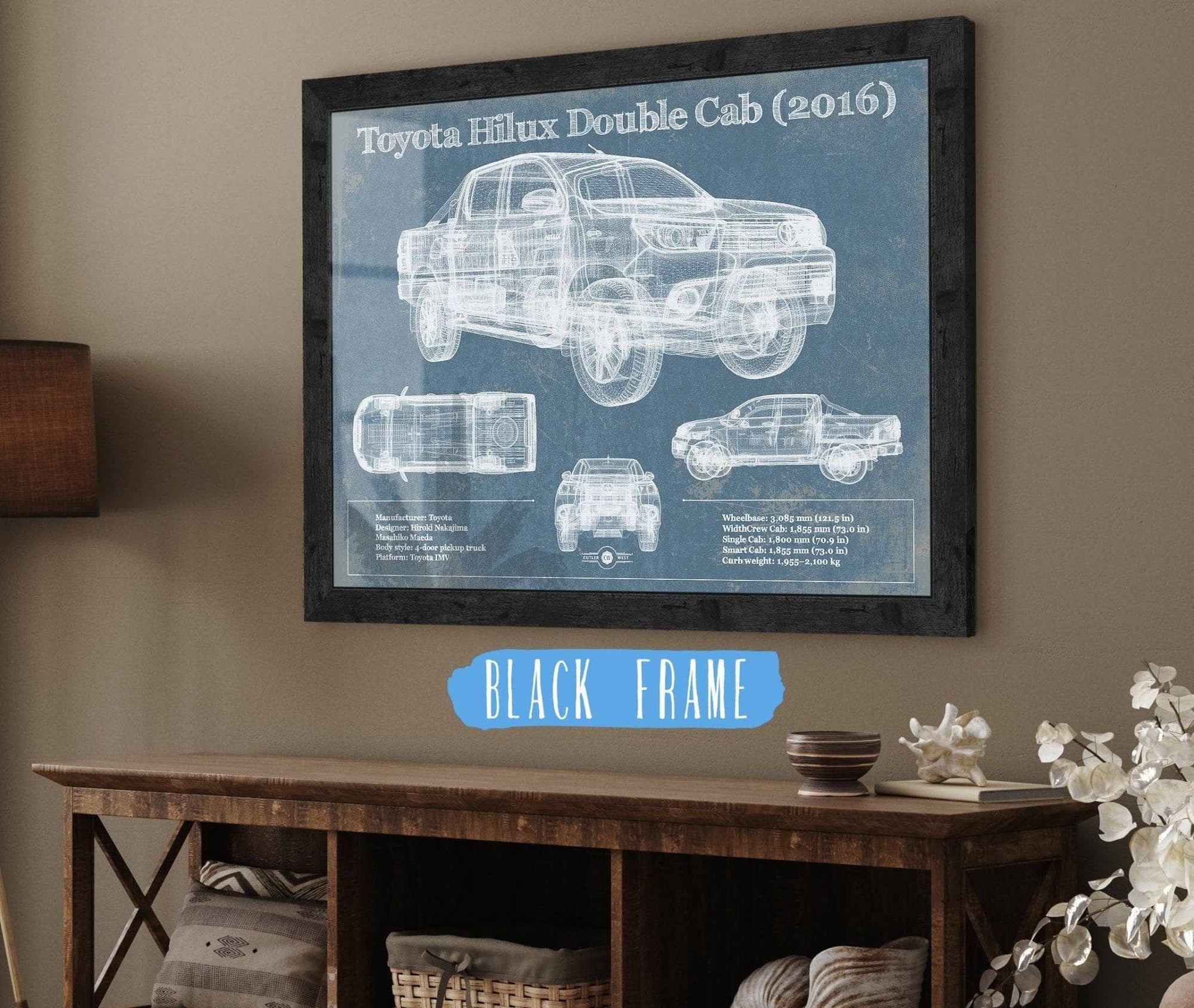 Cutler West 14" x 11" / Black Frame Toyota Hilux Double Cab (2016) Vintage Blueprint Auto Print 845000208-14"-x-11"6860