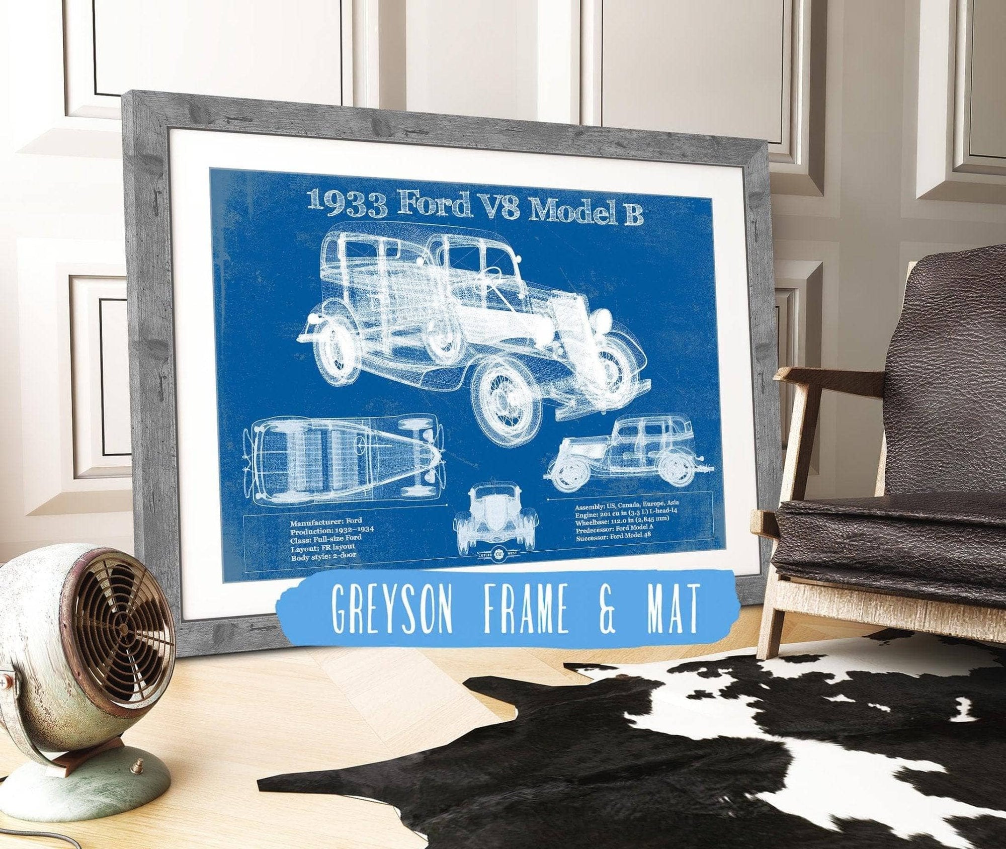 Cutler West Ford Collection 14" x 11" / Greyson Frame & Mat 1933 Ford V8 Model B Vintage Blueprint Auto Print 933311098_32378