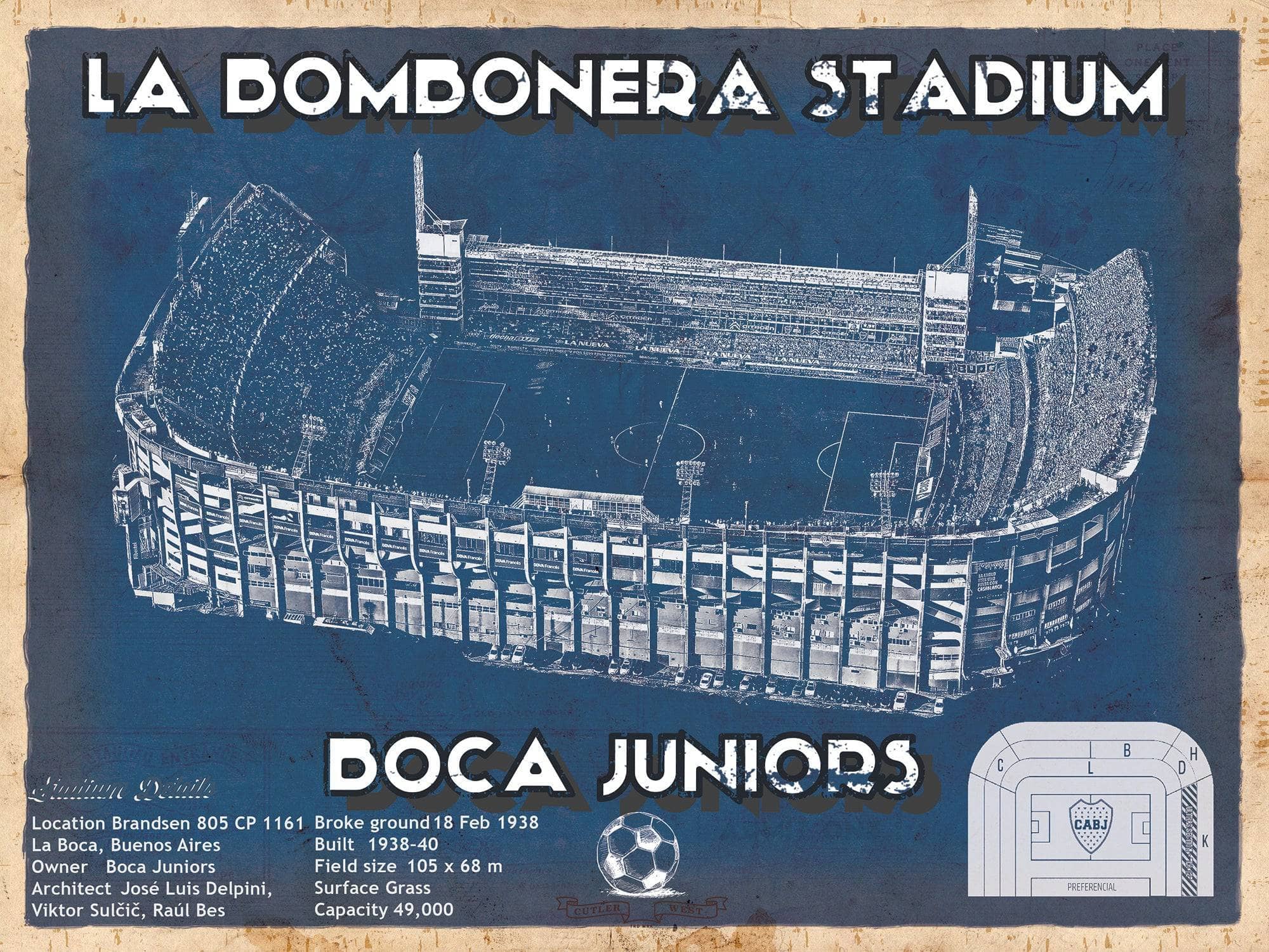 Cutler West Soccer Collection 14" x 11" / Unframed Boca Juniors F.C - La Bombonera Stadium Soccer Print 733938727_48605