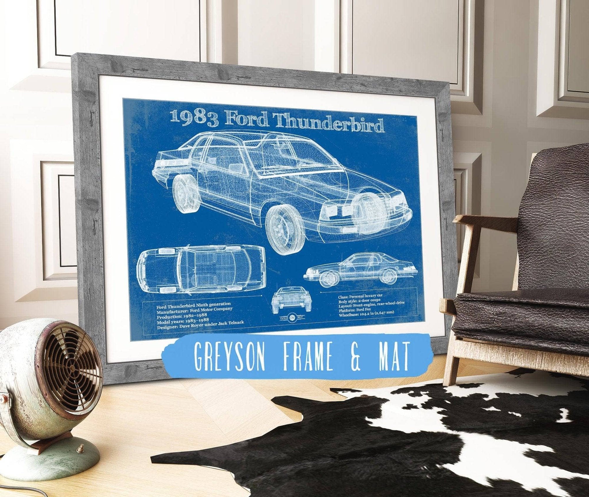 Cutler West Ford Collection 14" x 11" / Greyson Frame & Mat 1983 Ford Thunderbird Vintage Blueprint Auto Print 933311011_39967