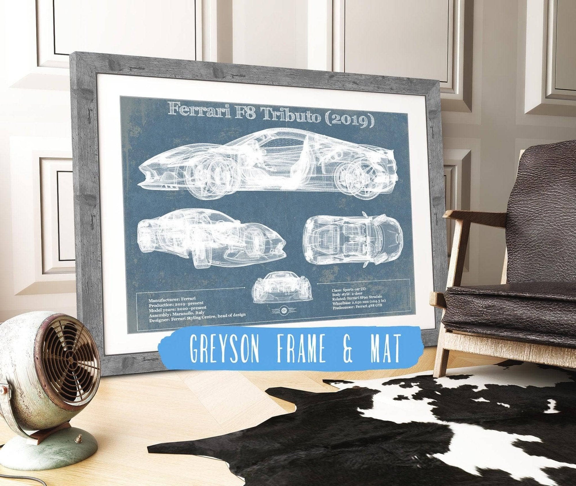 Cutler West Ferrari Collection 14" x 11" / Greyson Frame & Mat Ferrari F8 Tributo (2019) Blueprint Vintage Auto Print 833110065_56797