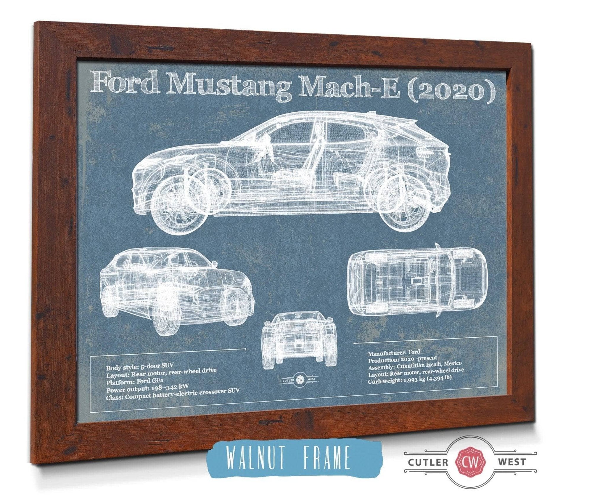 Cutler West Ford Collection 14" x 11" / Walnut Frame Ford Mustang Mach-E 2020 Blueprint Vintage Auto Print 890461895_11675