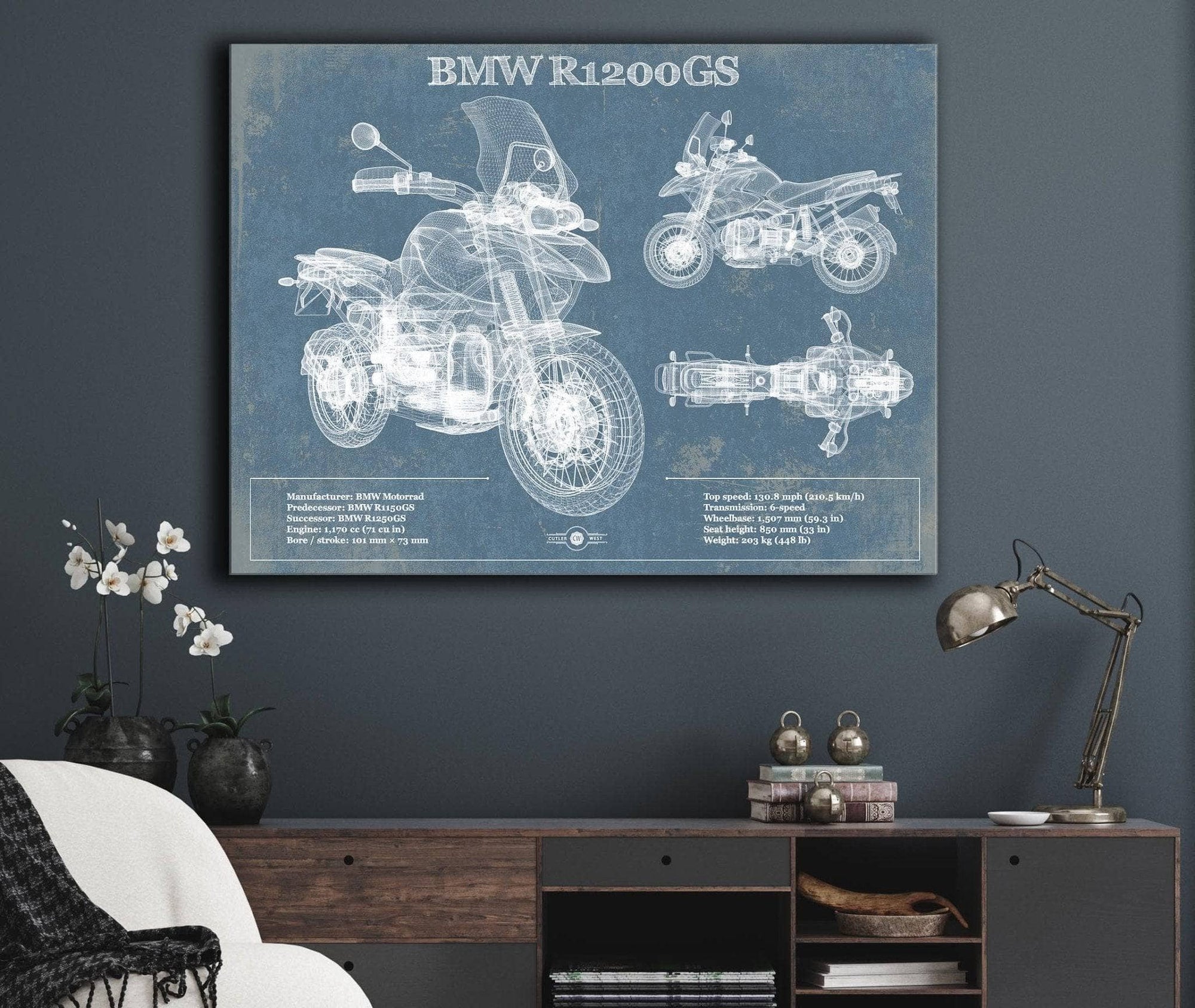Cutler West Vehicle Collection BMW R1200GS Blueprint Motorcycle Patent Print
