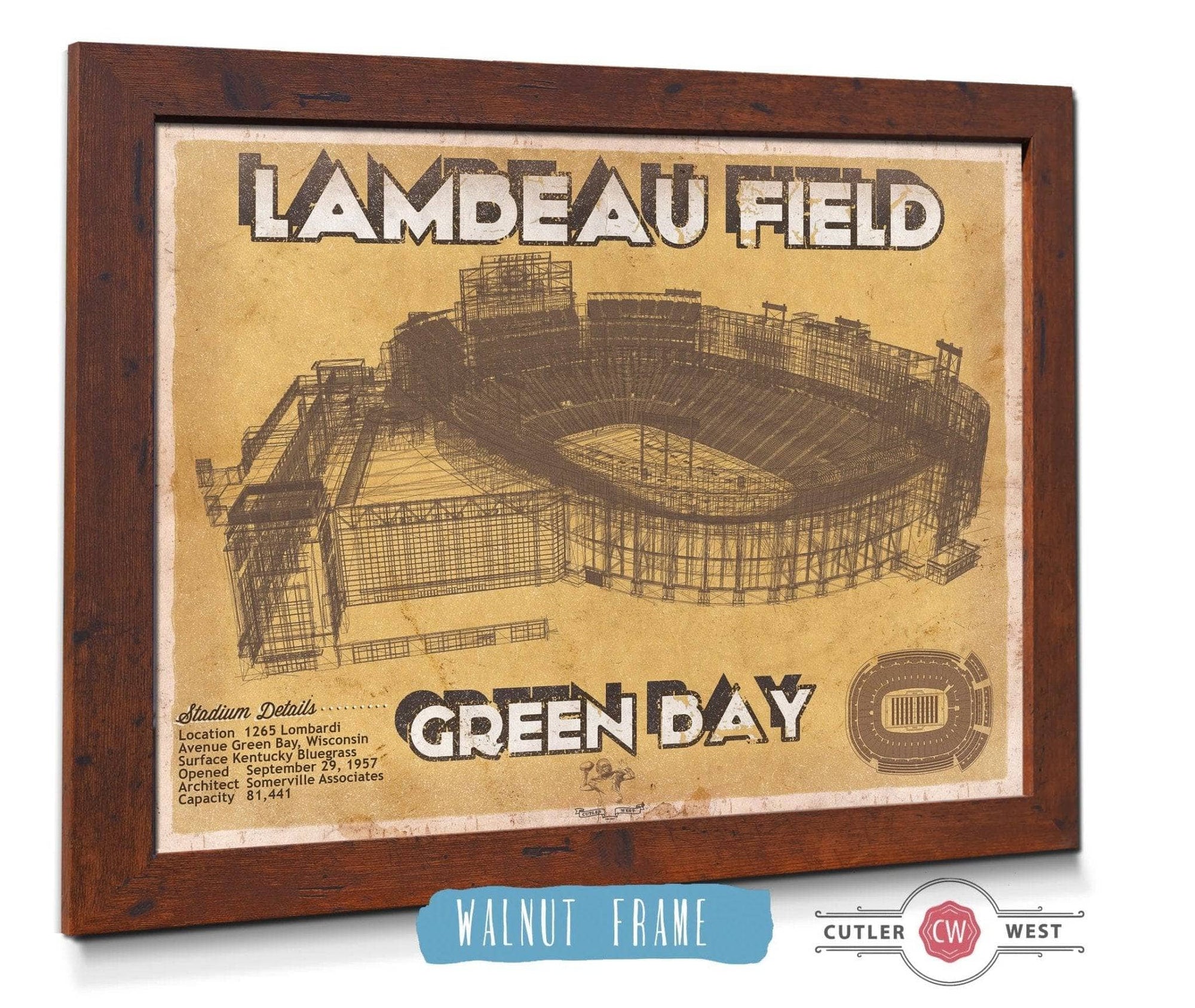 Cutler West Pro Football Collection 14" x 11" / Walnut Frame Green Bay Packers - Lambeau Field Vintage Football Print 698877220-TEAM_65965