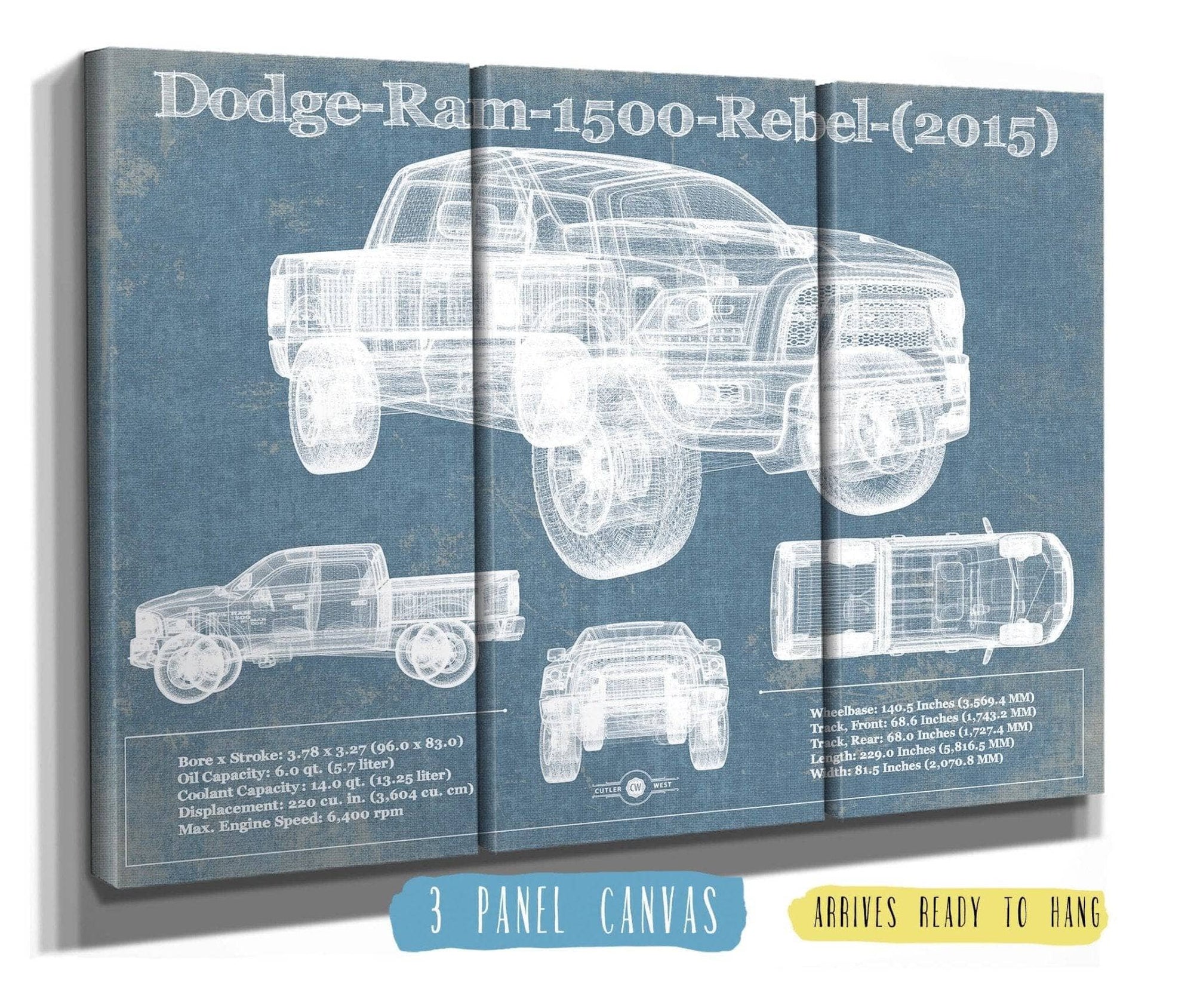 Cutler West Dodge Collection 48" x 32" / 3 Panel Canvas Wrap Dodge Ram 1500 Rebel (2015) Vintage Blueprint Auto Print 833110096_58621