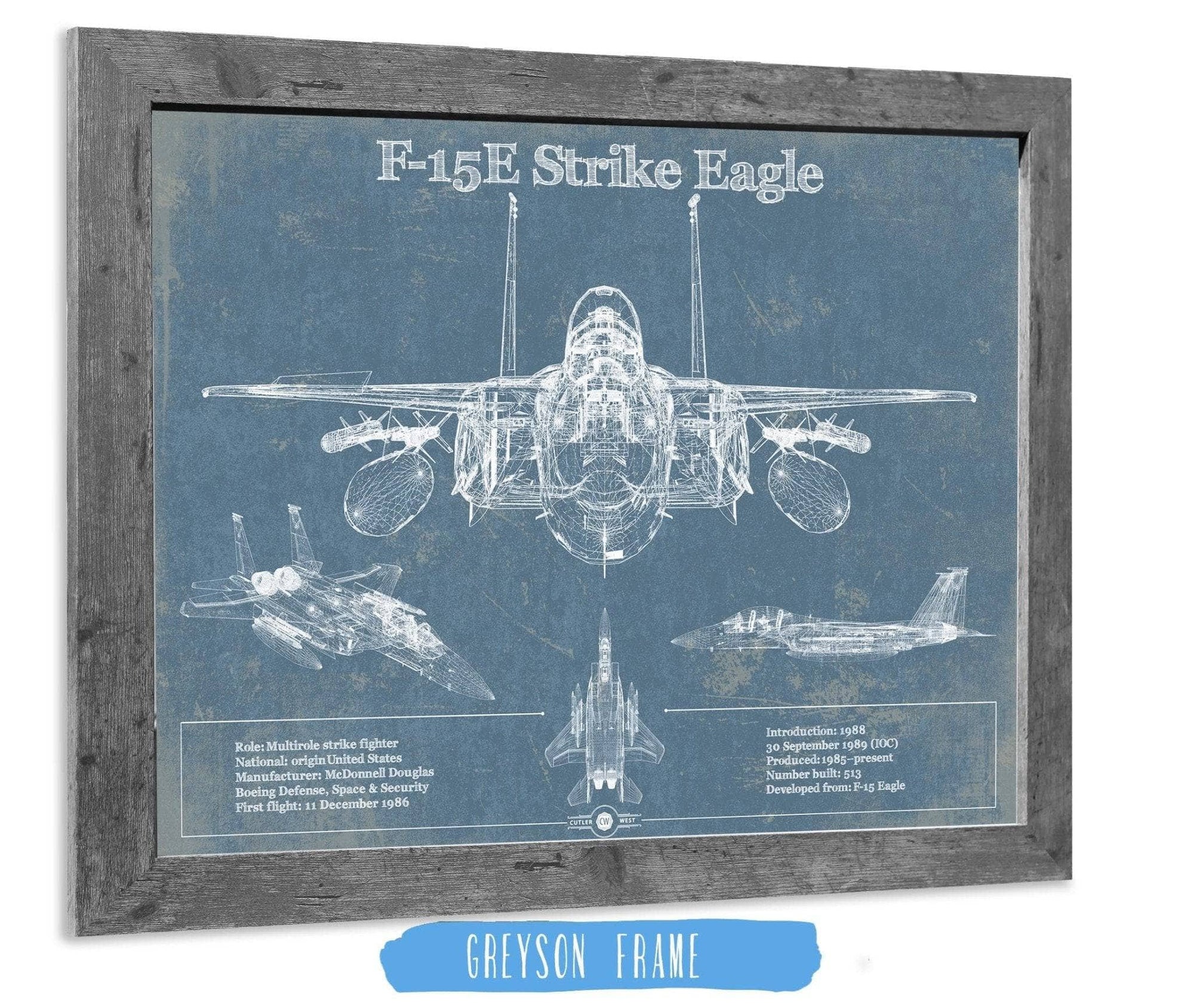 Cutler West Military Aircraft 14" x 11" / Greyson Frame McDonnell Douglas F-15E Strike Eagle Vintage Aviation Blueprint Military Print - Custom Name and Squadron Text 933311081_11745