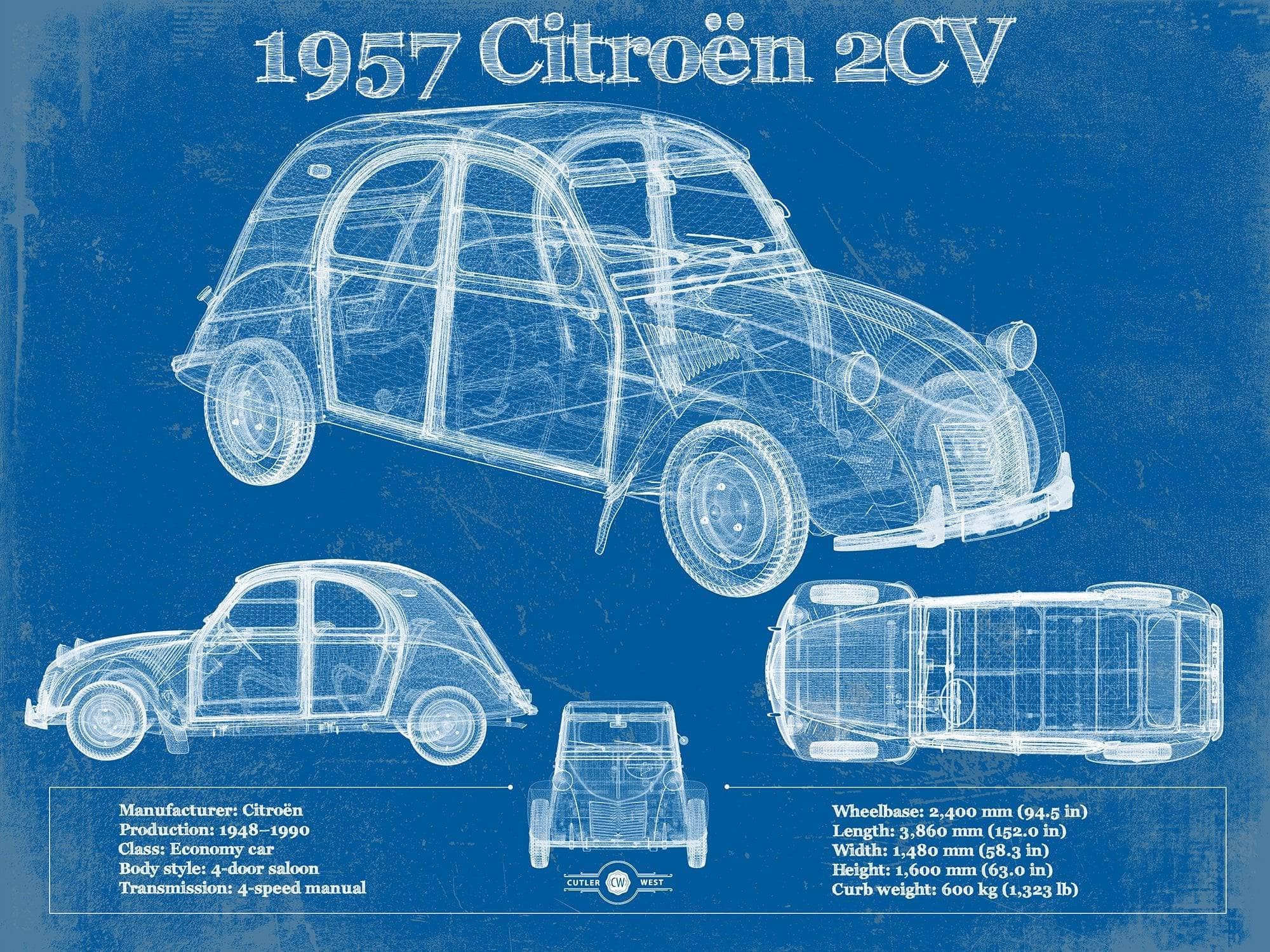 Cutler West Chevrolet Collection 1957 Citroen 2Cv Vintage Blueprint Auto Print