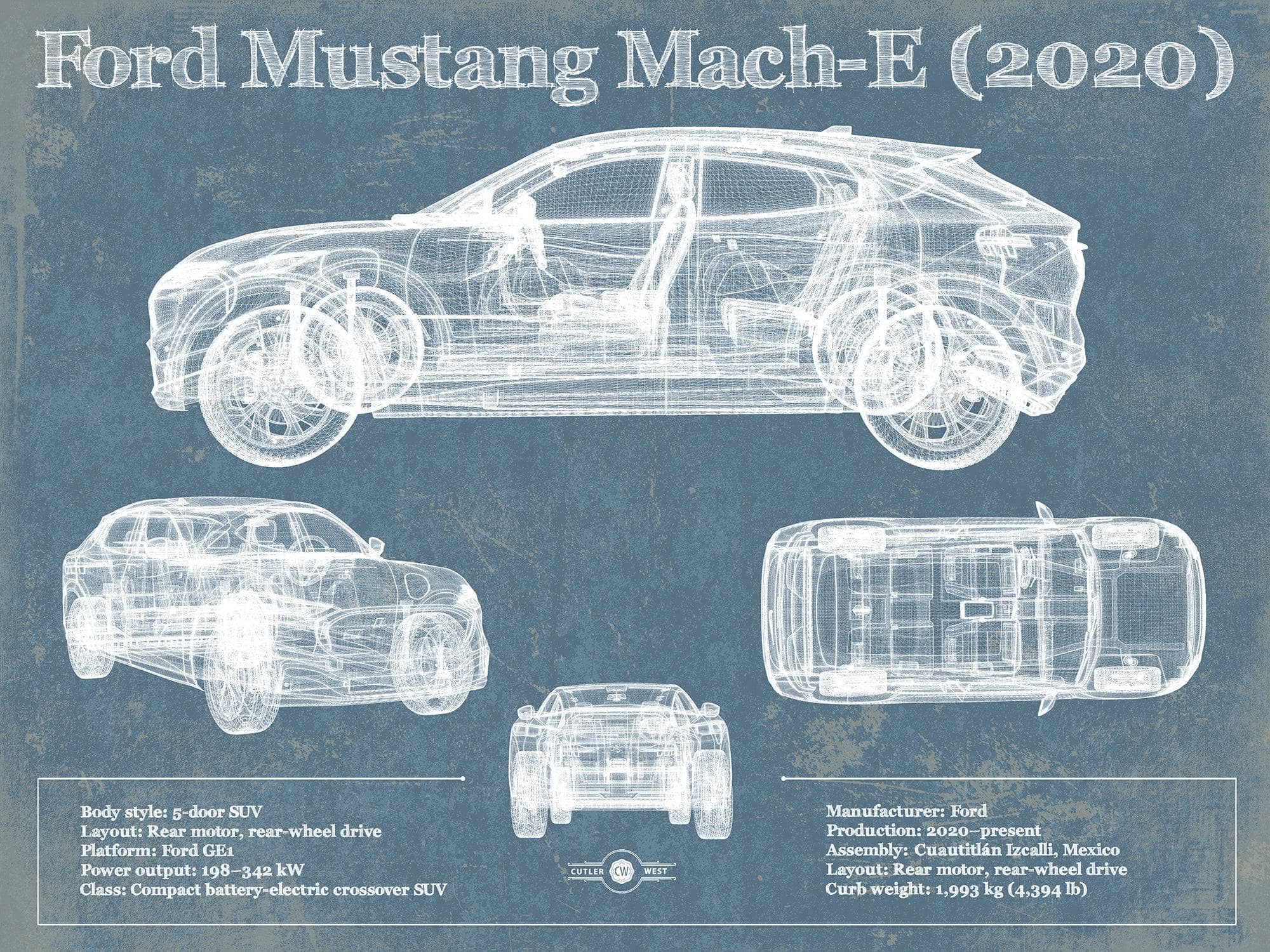 Cutler West Ford Collection 14" x 11" / Unframed Ford Mustang Mach-E 2020 Blueprint Vintage Auto Print 890461895_11672