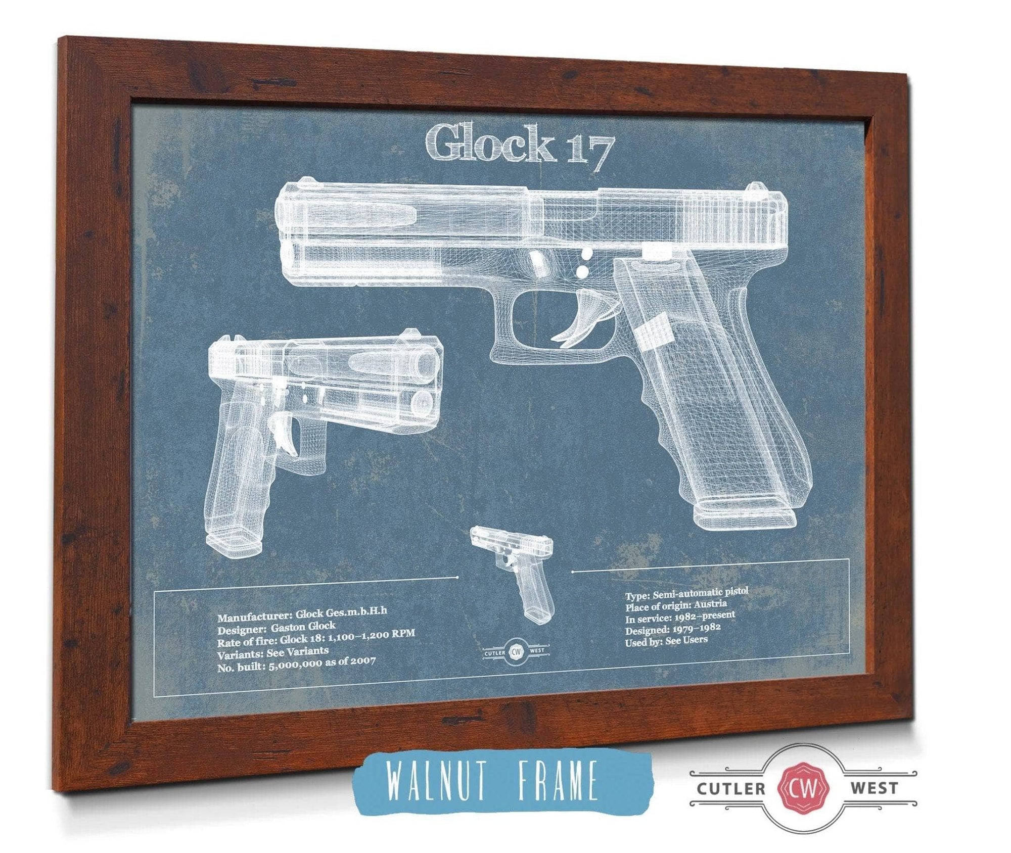 Cutler West Military Weapons Collection 14" x 11" / Walnut Frame Glock 17 Blueprint Vintage Gun Print 892170325_12467