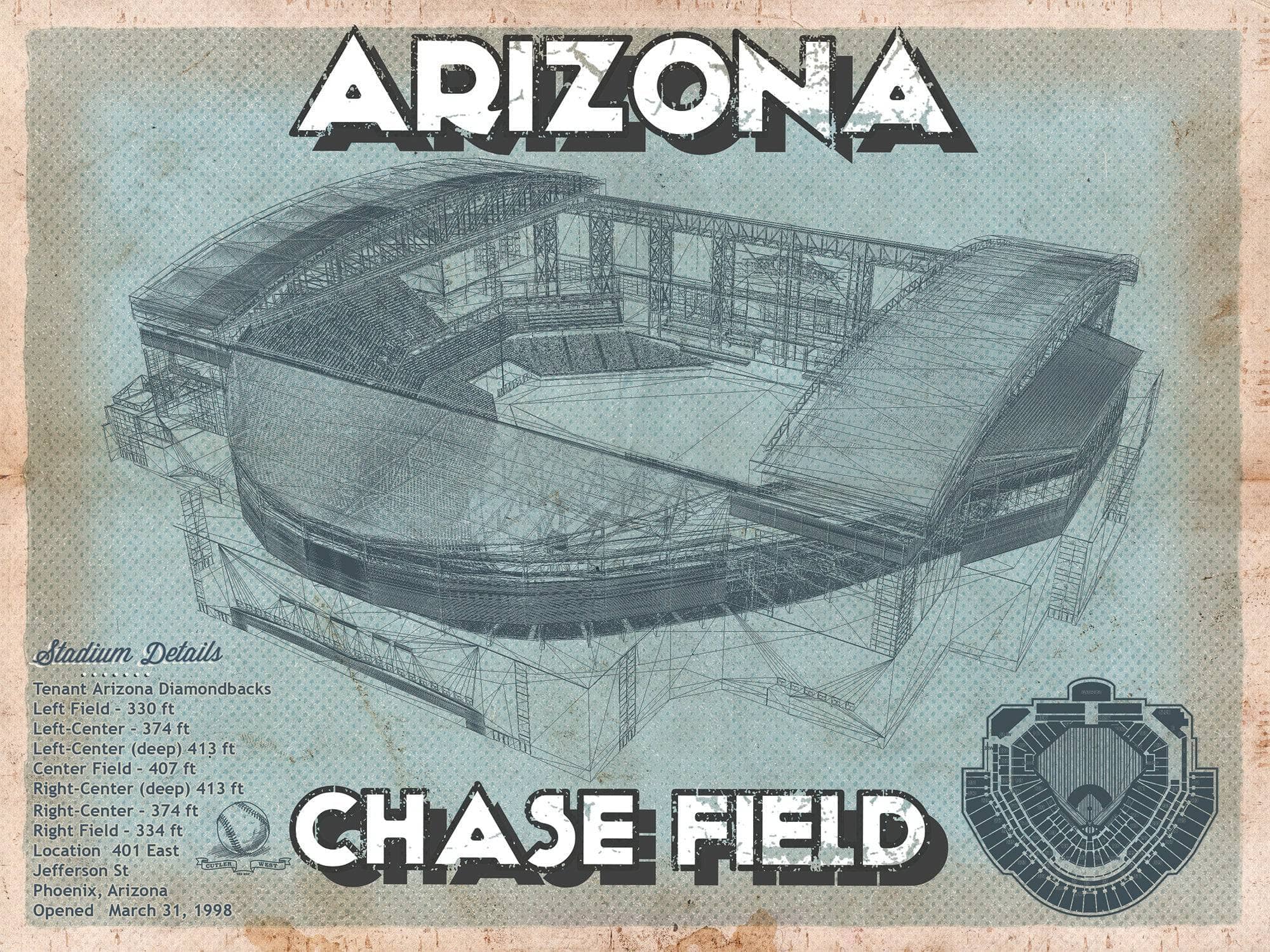 Cutler West Baseball Collection 14" x 11" / Unframed Arizona Diamondbacks - Chase Field Vintage Baseball Fan Print 698673278_43391