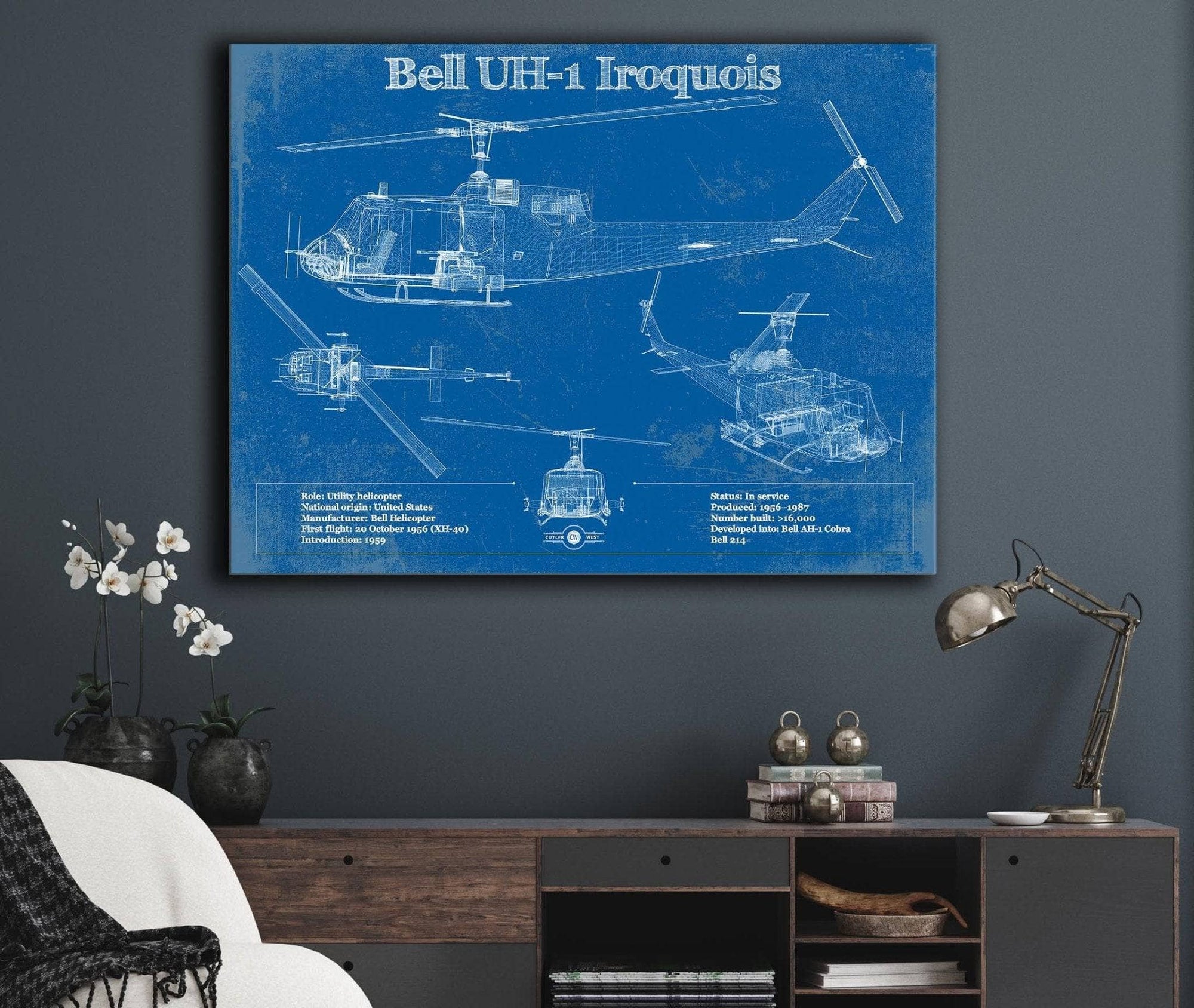 Cutler West Military Aircraft Bell UH-1 Iroquois (Huey) Vintage Blueprint Helicopter Print