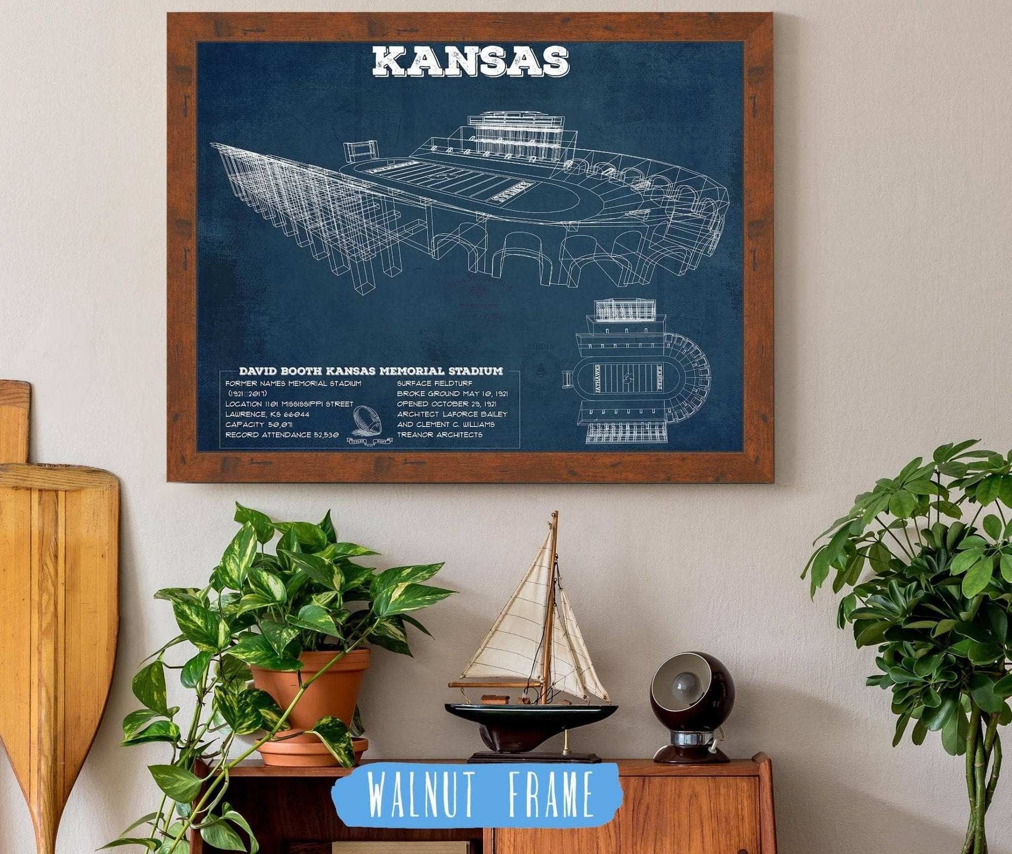 Cutler West College Football Collection 14" x 11" / Walnut Frame Vintage Kansas Jayhawks Art - Kansas Memorial Stadium Blueprint Football Print 738926422-14"-x-11"56264