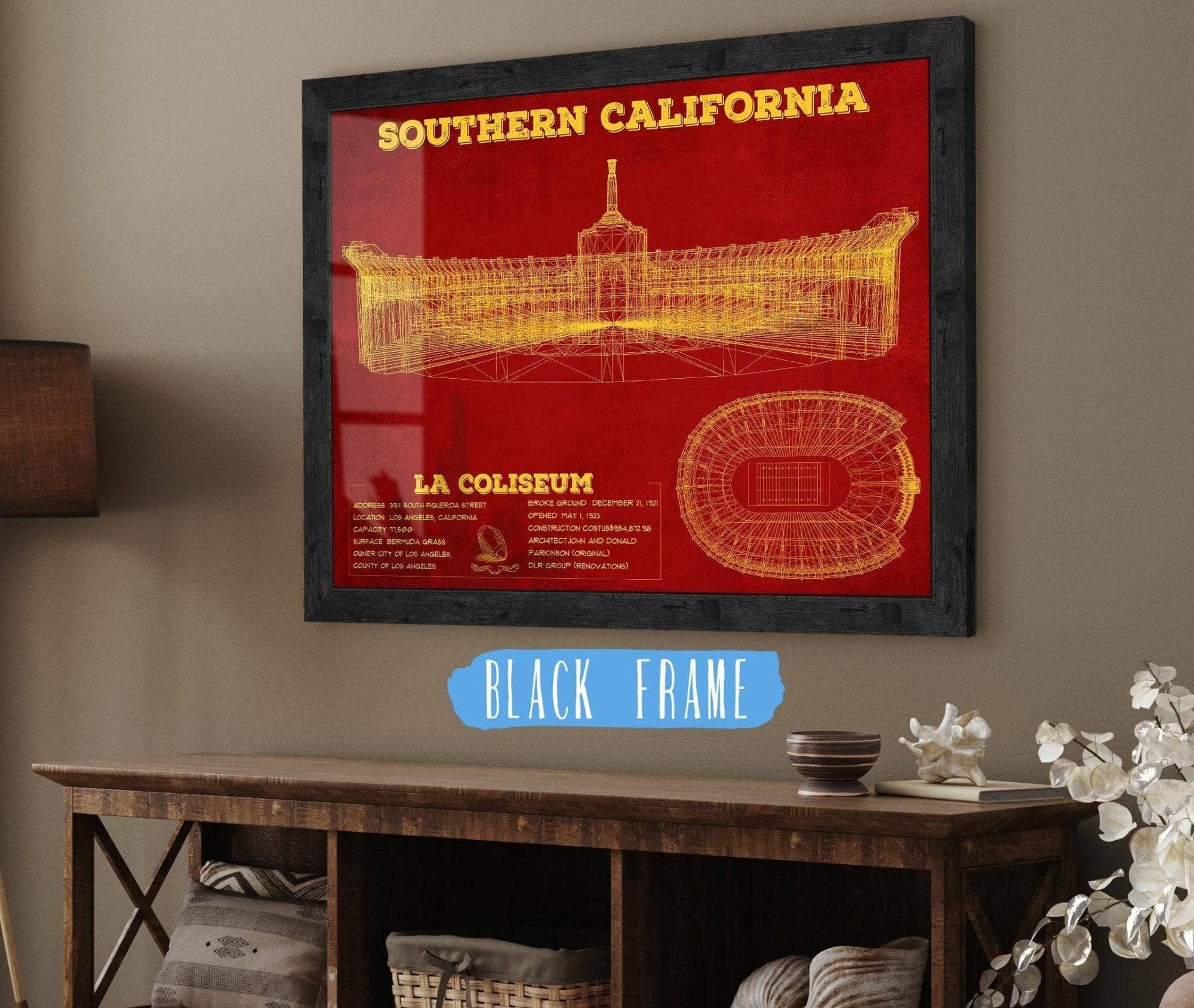 Cutler West College Football Collection 14" x 11" / Black Frame Vintage USC Trojans - LA Coliseum Blueprint Art Print 737528166-14"-x-11"66091