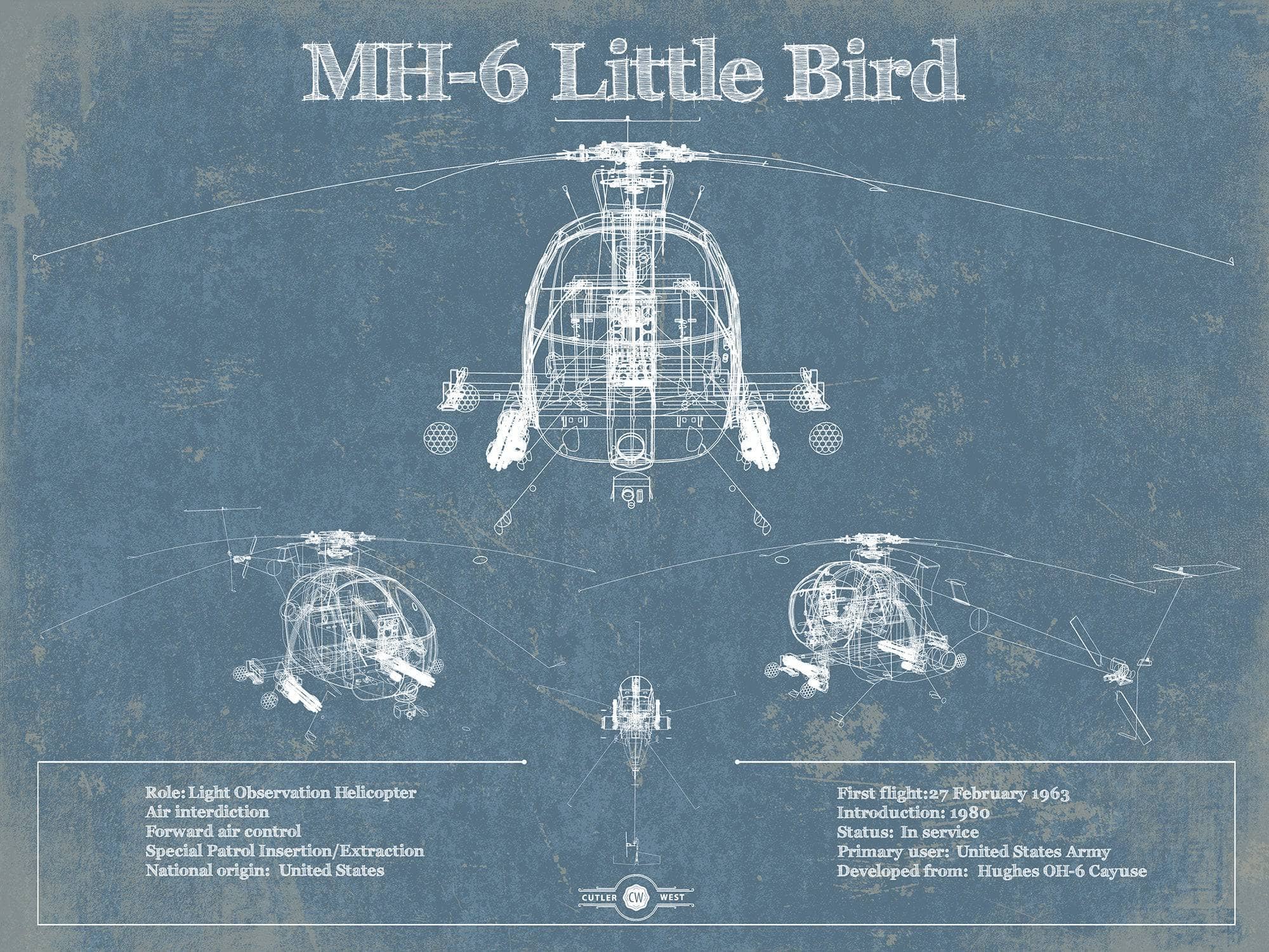 Cutler West Military Aircraft 14" x 11" / Unframed MH-6 Little Bird Helicopter Vintage Aviation Blueprint Military Print 797401713_74121