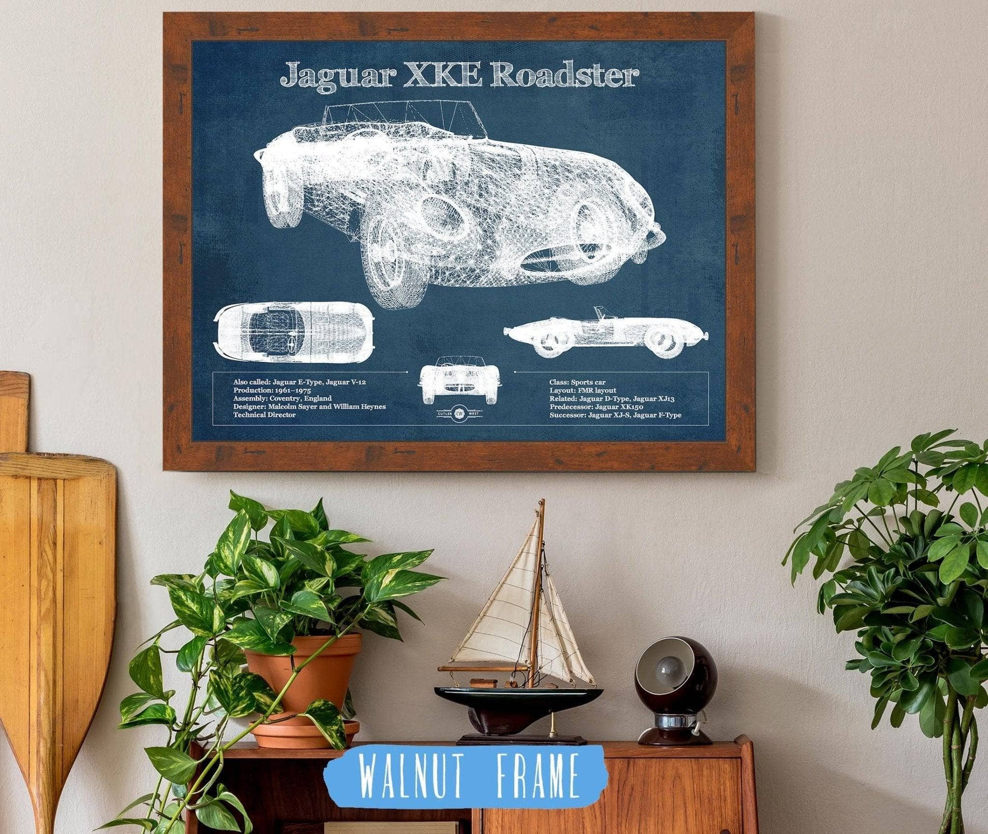 Cutler West Jaguar Collection 14" x 11" / Walnut Frame Jaguar XK-E Roadster Original Blueprint Art 933350051_19915