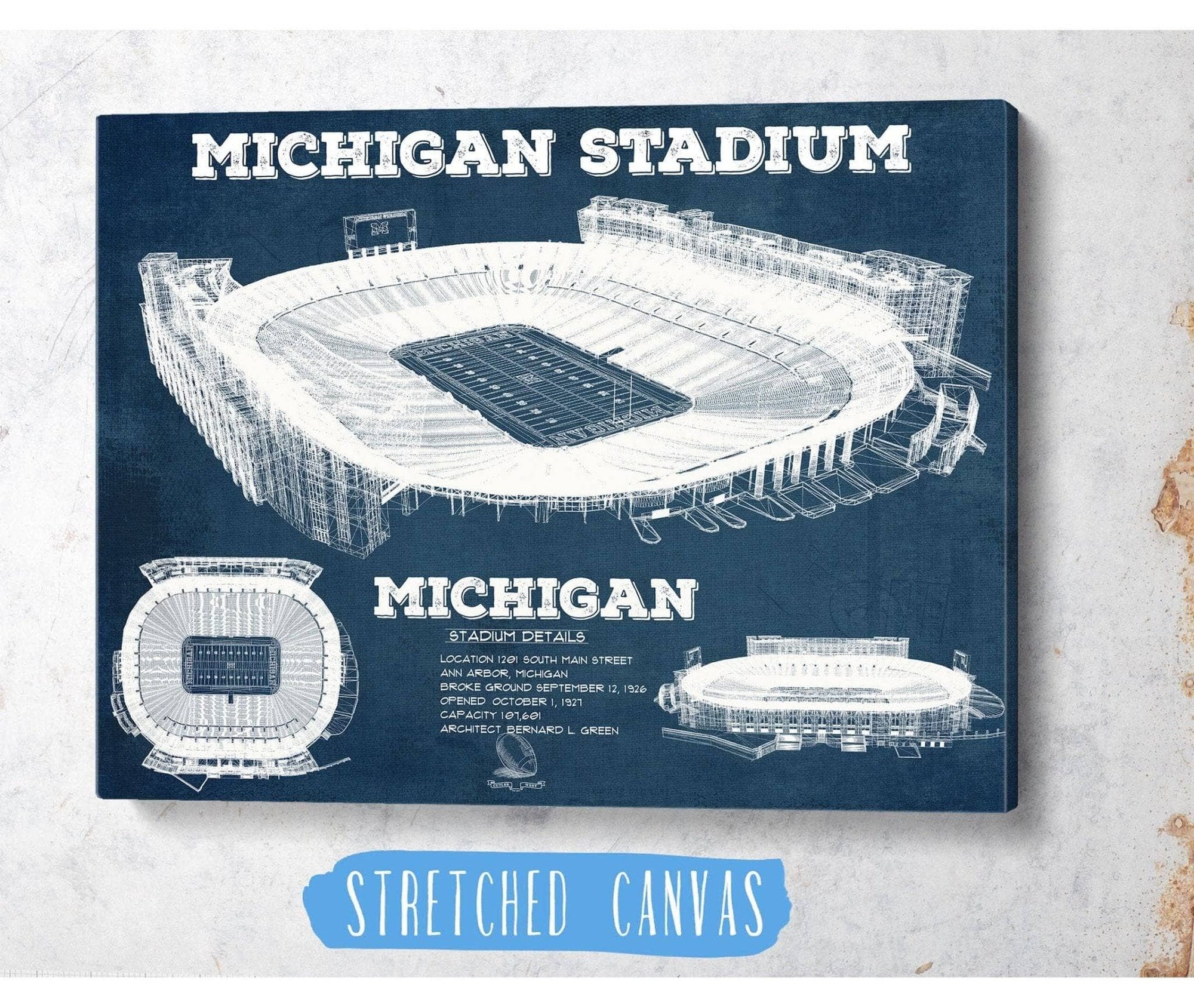 Cutler West College Football Collection Michigan Wolverines Art - Michigan Stadium Vintage Stadium Blueprint Art Print