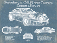 Cutler West Porsche Collection 14" x 11" / Unframed Porsche 911 Mk8 992 Carrera Coupe 4s 2019 Vintage Blueprint Auto Print 845000299_68553