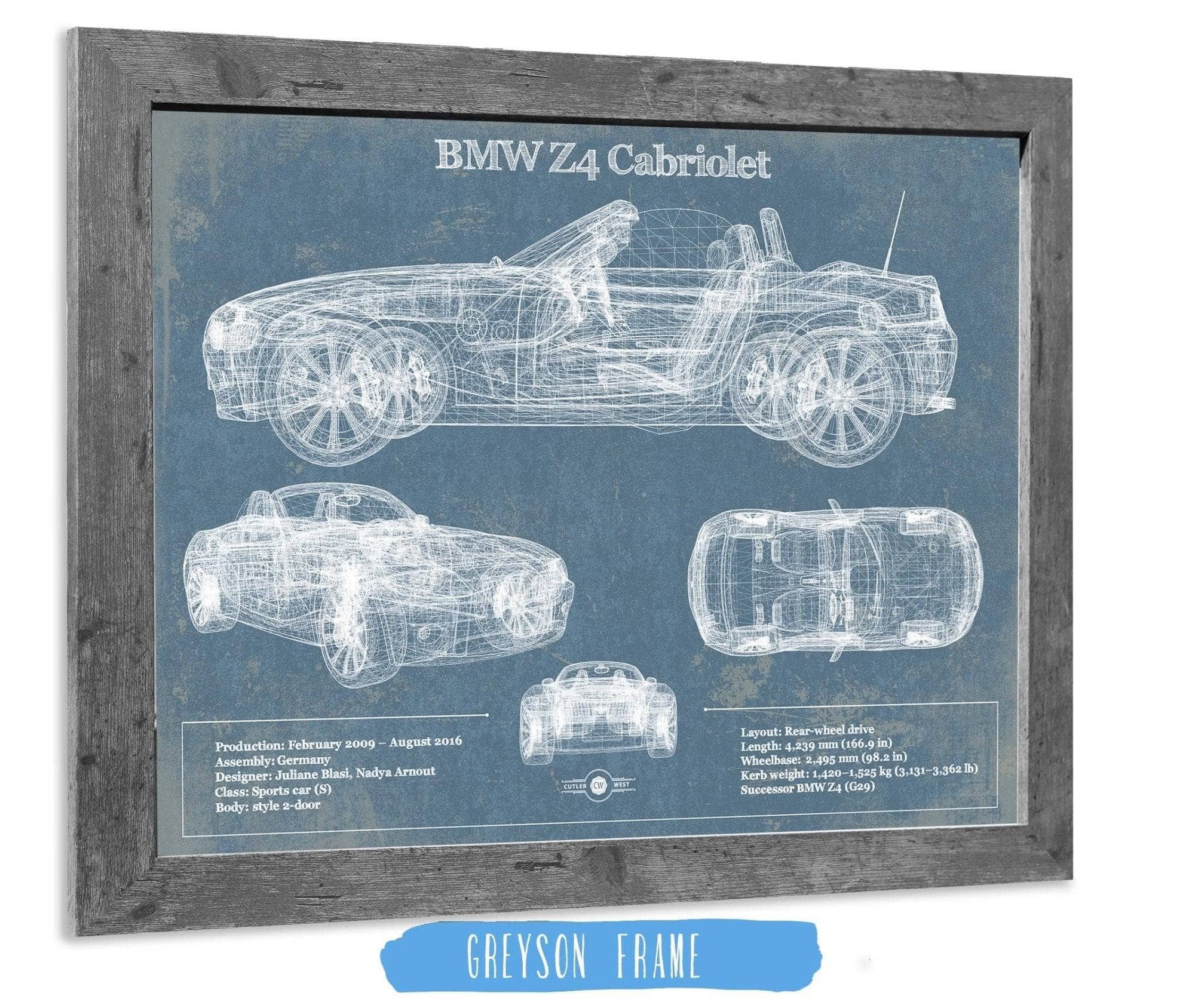 Cutler West Vehicle Collection 14" x 11" / Greyson Frame BMW Z4 Cabriolet Vintage Blueprint Auto Print 833110072_48942