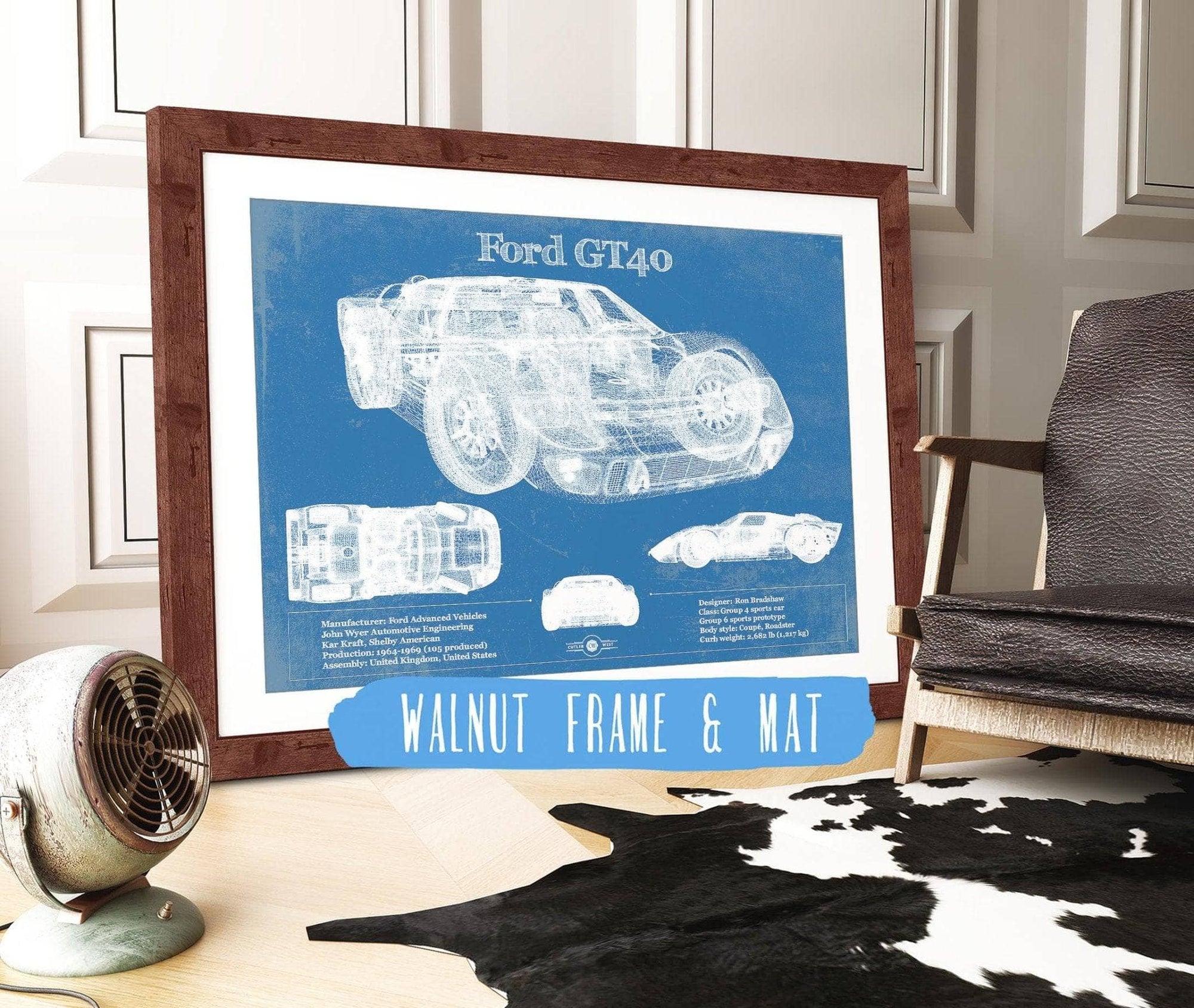 Cutler West Ford Collection 14" x 11" / Walnut Frame & Mat Ford GT40 Blueprint Vintage Auto Print 933350036_18068