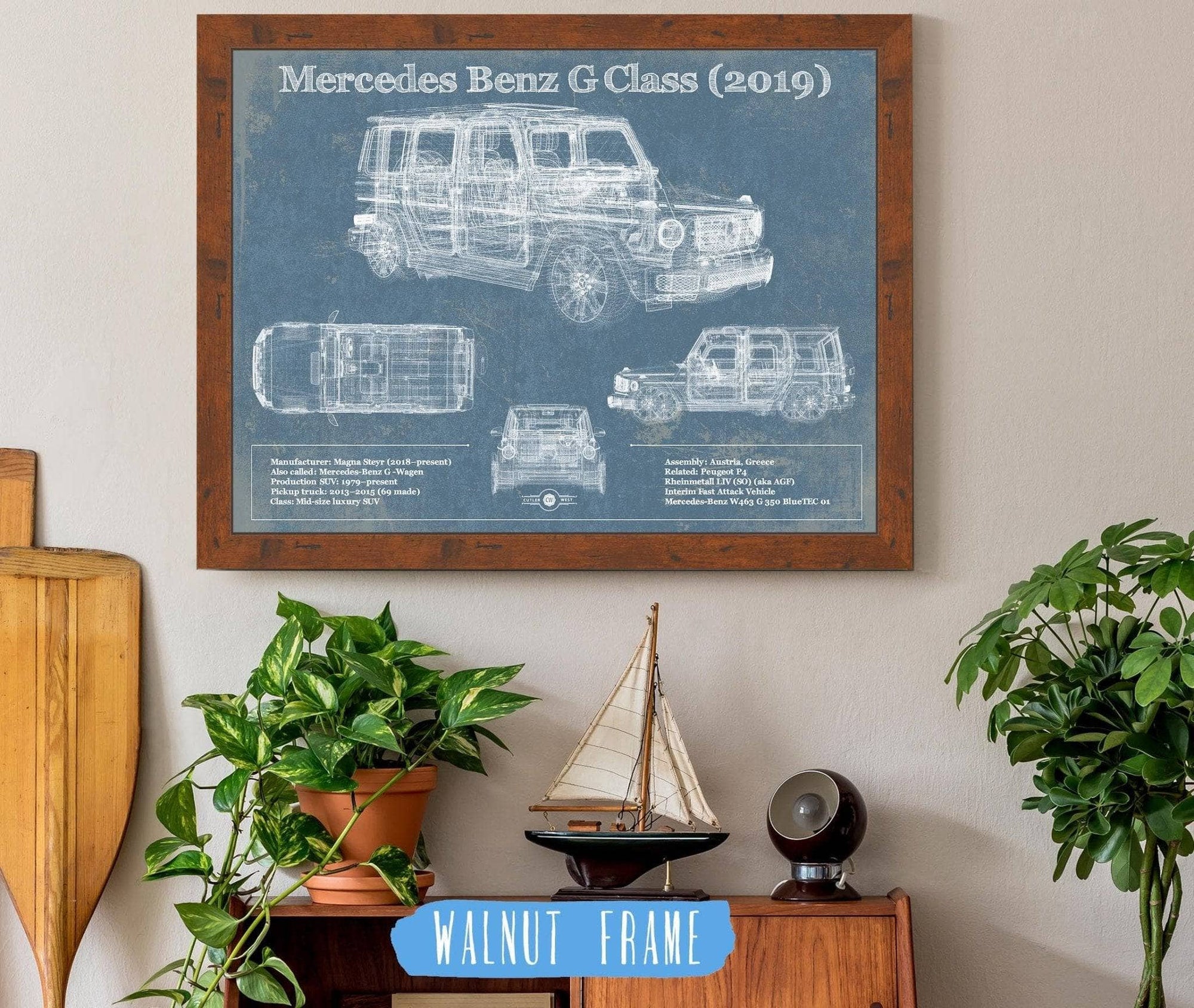 Cutler West Mercedes Benz Collection 14" x 11" / Walnut Frame Mercedes-Benz G-Class (2019) Vintage Blueprint Auto Print 845000200_72608