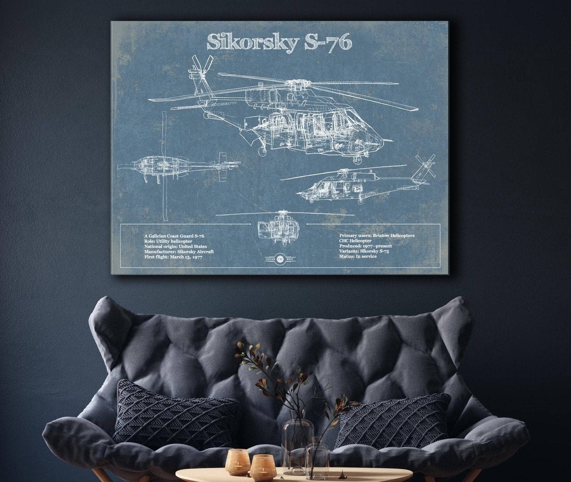 Cutler West Military Aircraft Sikorsky S-76 Helicopter Vintage Aviation Blueprint Military Print