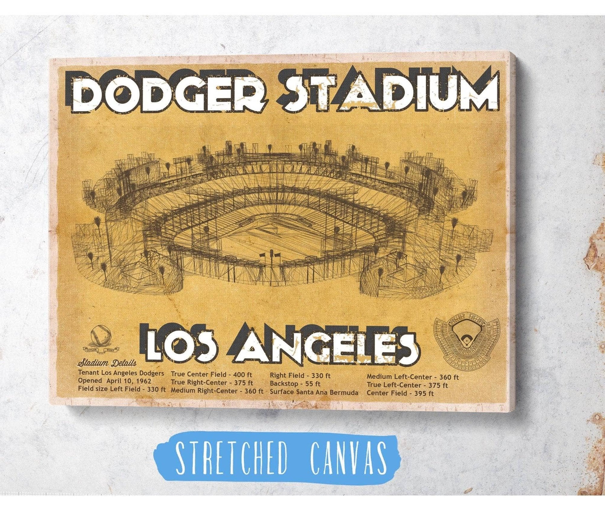Cutler West Baseball Collection Vintage LA Dodgers Stadium Blueprint Baseball Print - Vintage Brown Edition