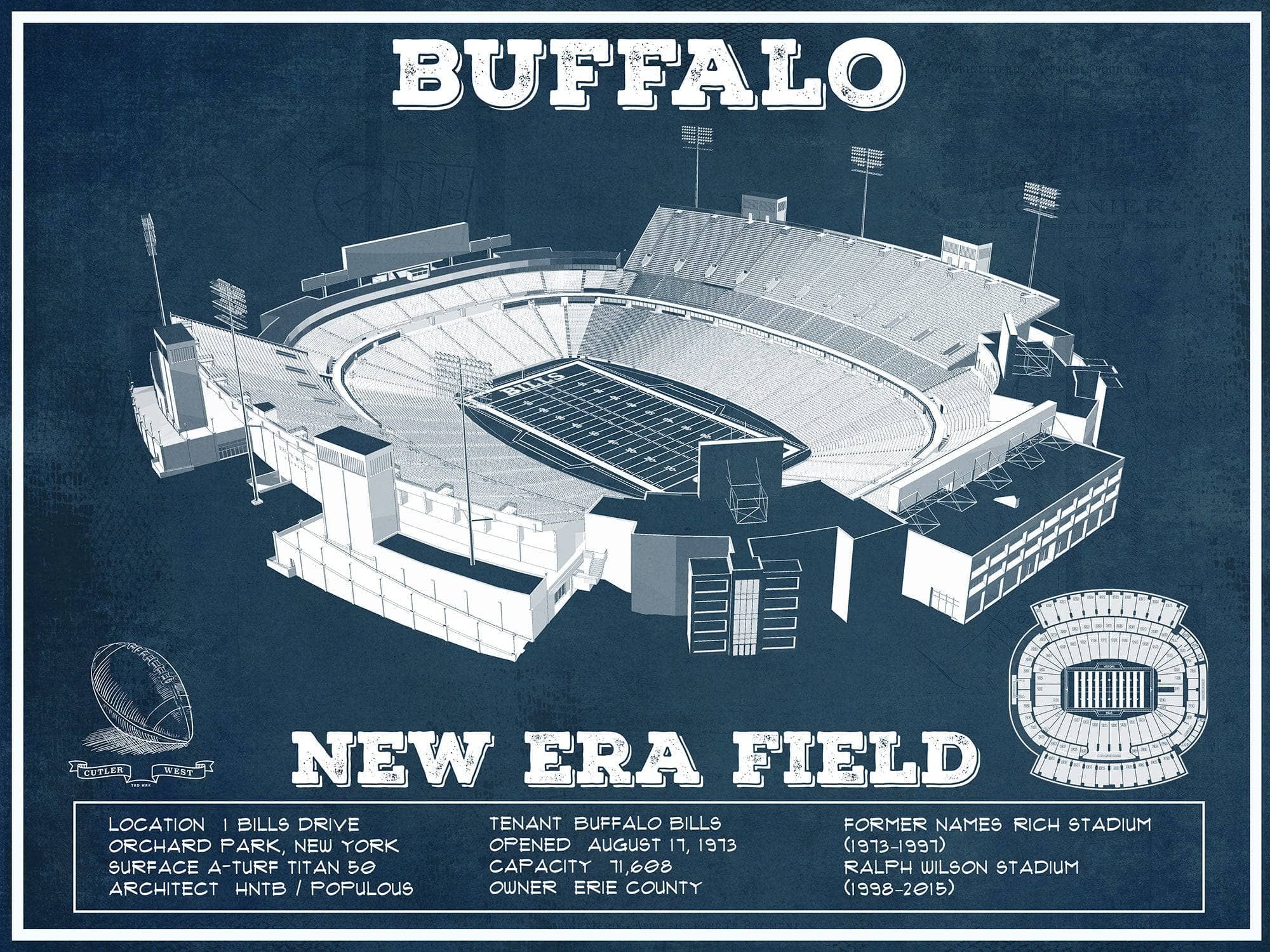 Cutler West Pro Football Collection 14" x 11" / Unframed Buffalo Bills - New Era Field - Vintage Football Print 698474966-TOP