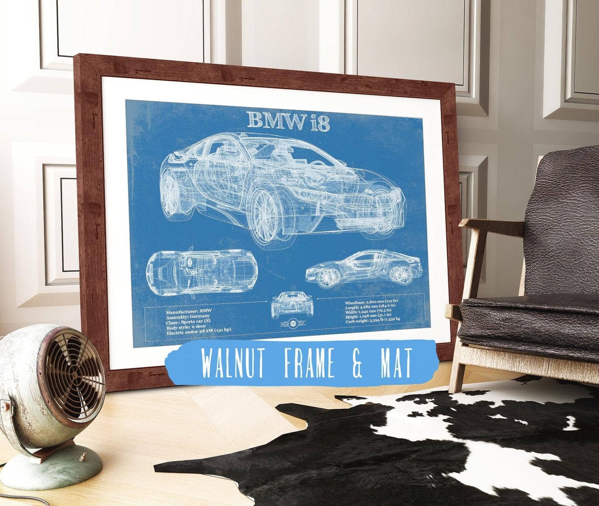Cutler West Vehicle Collection 14" x 11" / Walnut Frame & Mat BMW I8 Vintage Blueprint Auto Print 945000335_47817