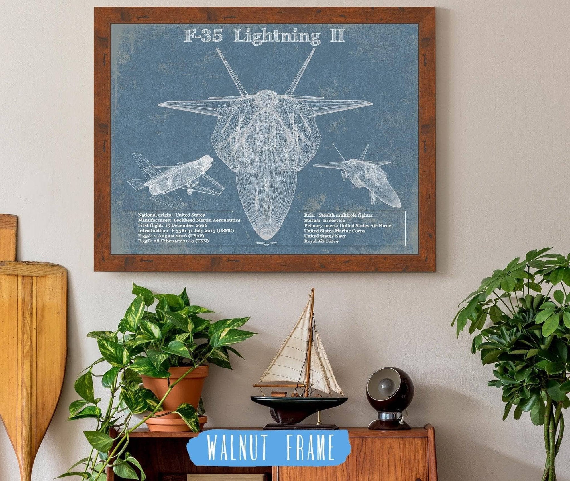 Cutler West Military Aircraft 14" x 11" / Walnut Frame F-35 Aircraft Patent Blueprint Original Design Wall Art 780037855-TOP
