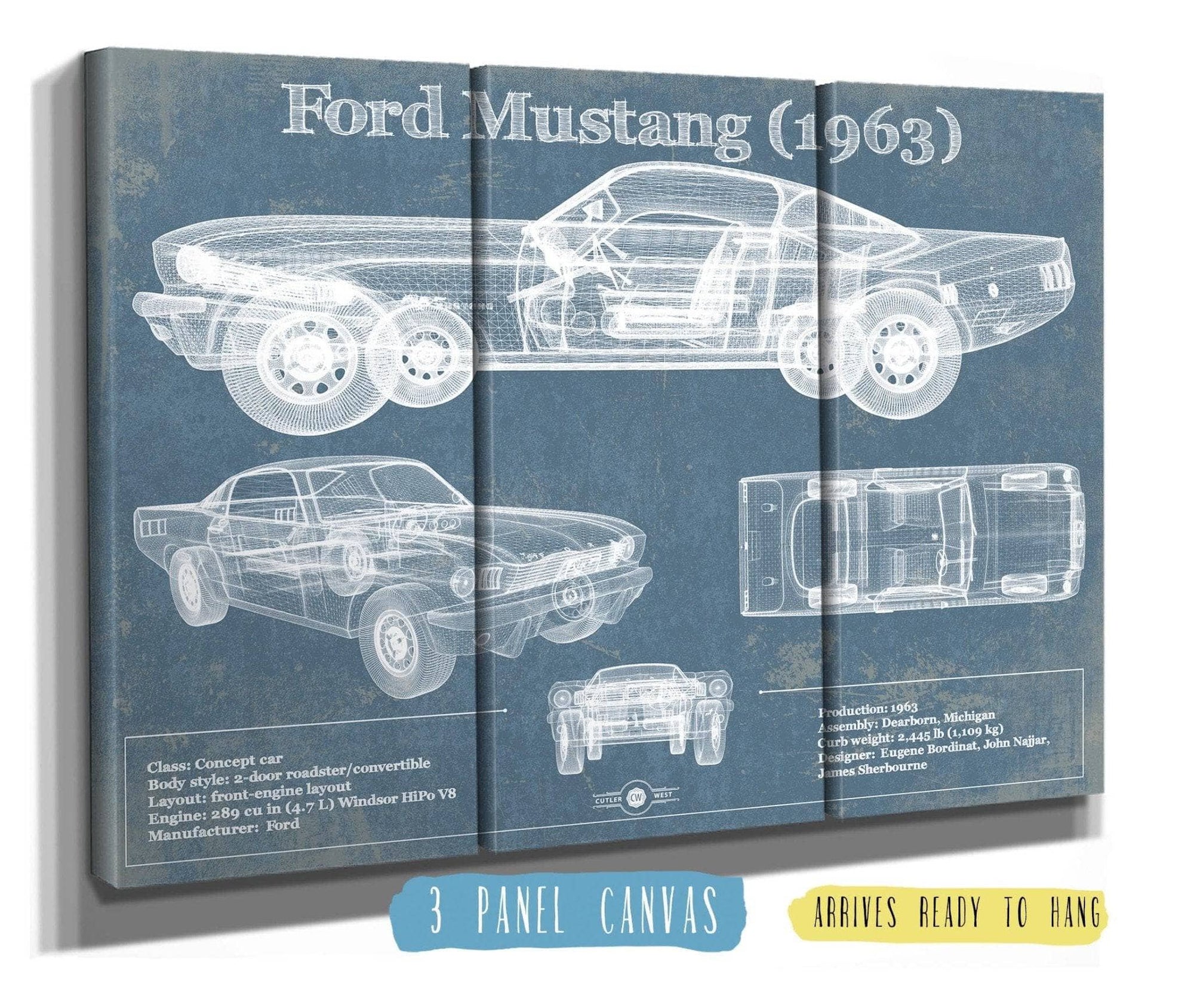 Cutler West Ford Collection 48" x 32" / 3 Panel Canvas Wrap Ford Mustang 1963 Original Blueprint Art 870268486-TOP