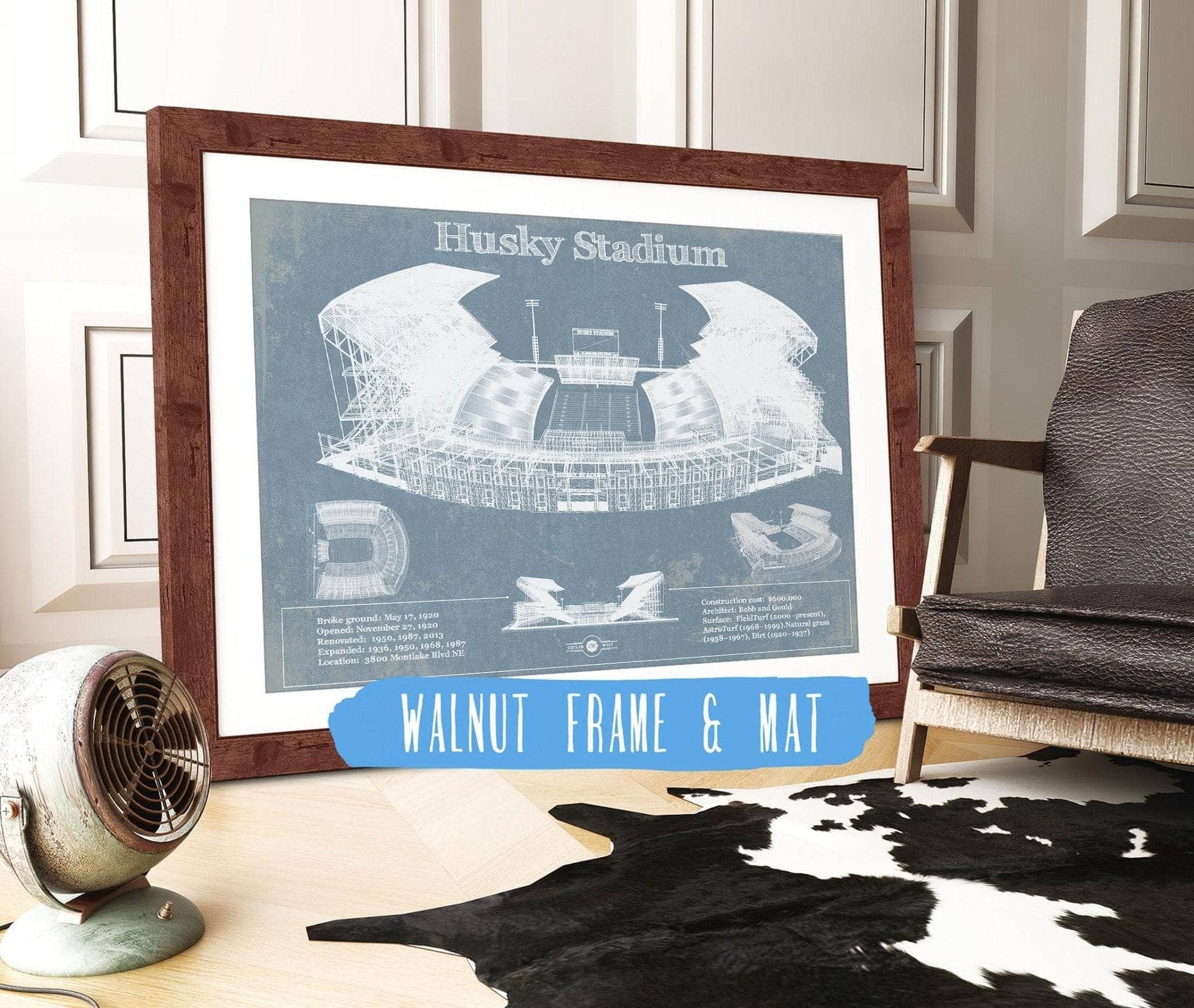 Cutler West 14" x 11" / Walnut Frame & Mat Washington Huskies Art Blue Version - Husky Stadium Vintage Stadium Blueprint Art Print 835000009-14"-x-11"59499