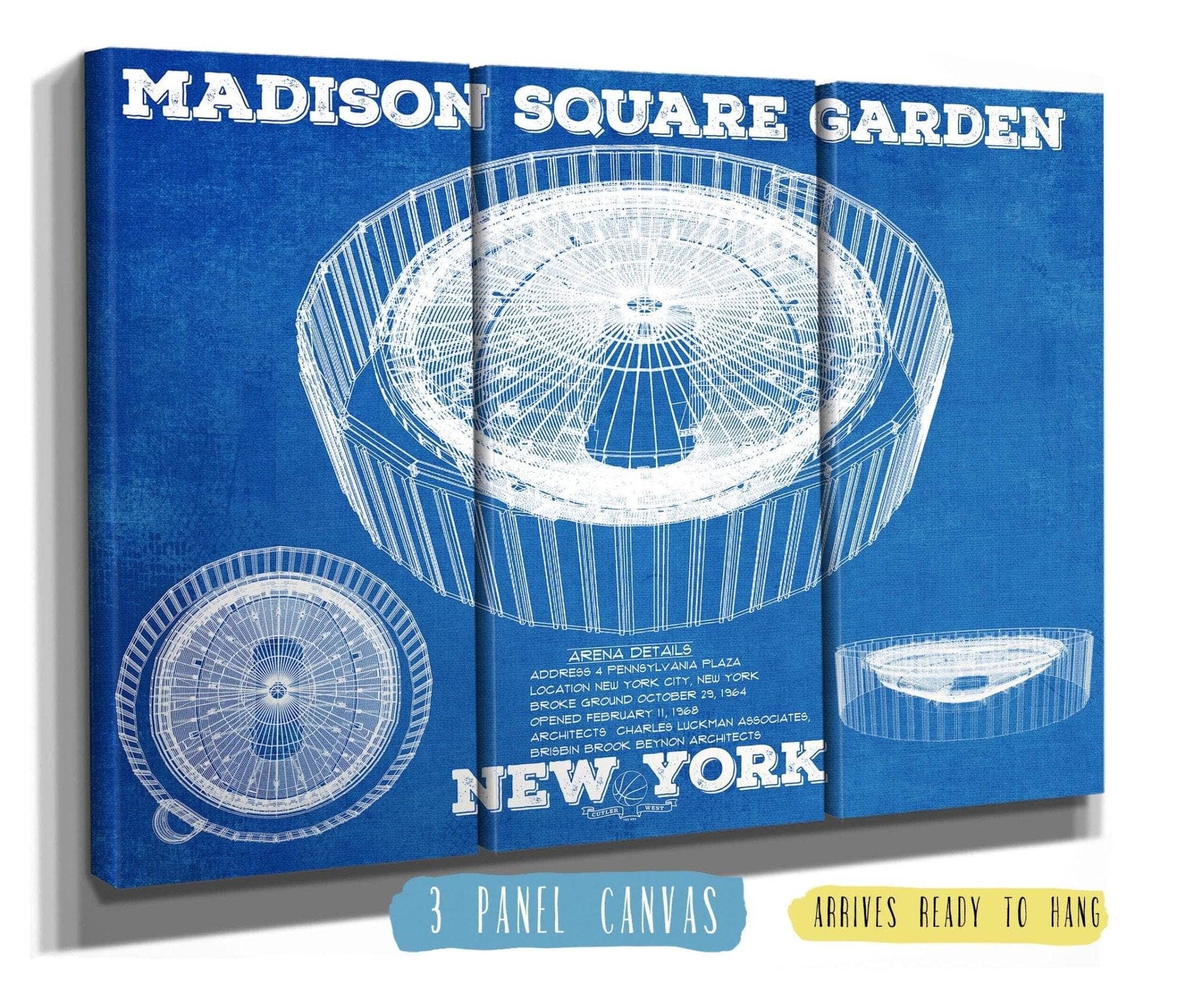 Cutler West Basketball Collection 48" x 32" / 3 Panel Canvas Wrap New York Knicks - Madison Square Garden Vintage Blueprint  NBA Basketball NBA  Team Color Print 723007842_64626