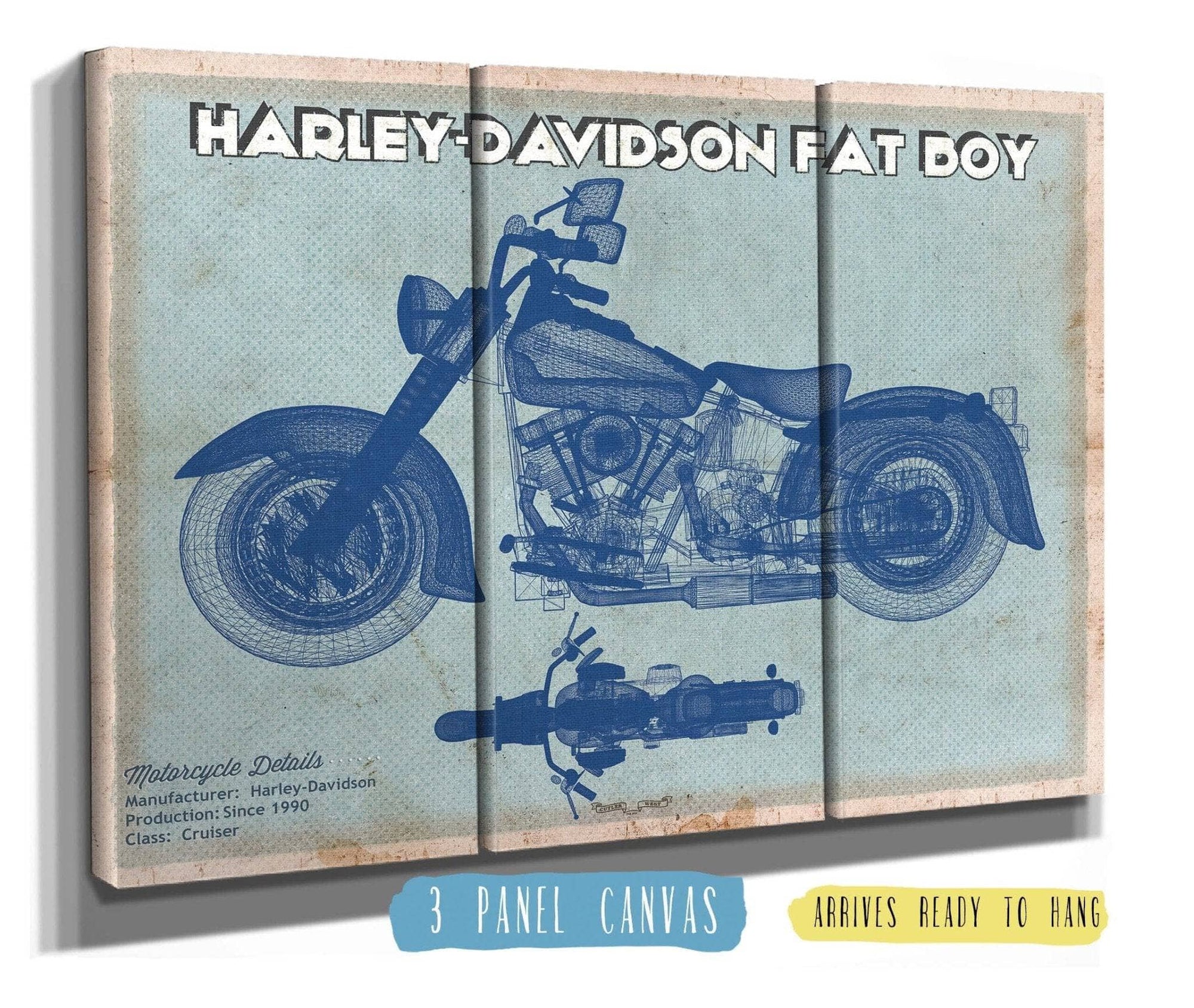 Cutler West 48" x 32" / 3 Panel Canvas Wrap Harley-Davidson Fat Boy Blueprint Motorcycle Patent Print 835000029-48"-x-32"64098