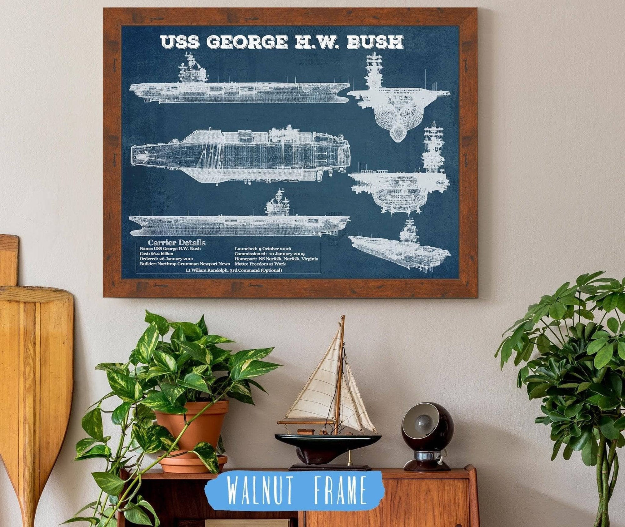 Cutler West Naval Military 14" x 11" / Walnut Frame USS George H.W. Bush Aircraft Carrier Blueprint Original Military Wall Art - Customizable 818413316_31119