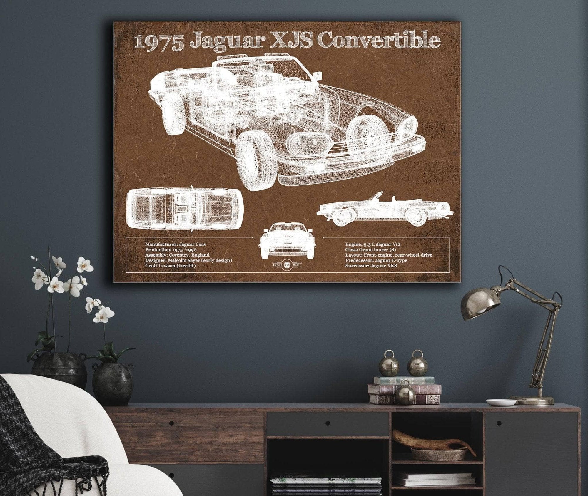 Cutler West Jaguar Collection 1975 Jaguar Xjs Convertible Vintage Blueprint Auto Print