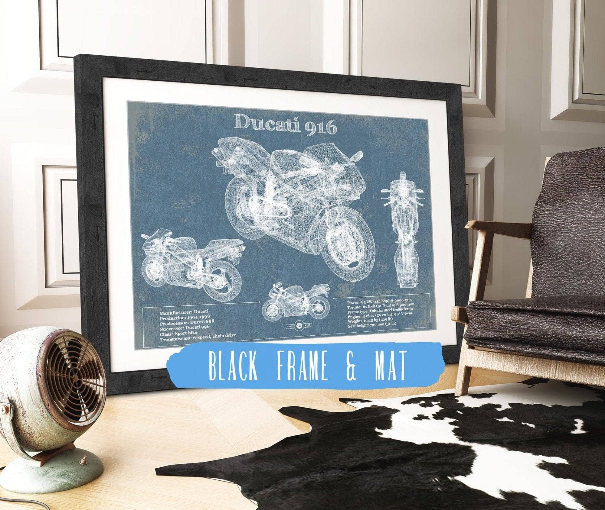 Cutler West 14" x 11" / Black Frame & Mat Ducati 916 Blueprint Motorcycle Patent Print 887772823_57913
