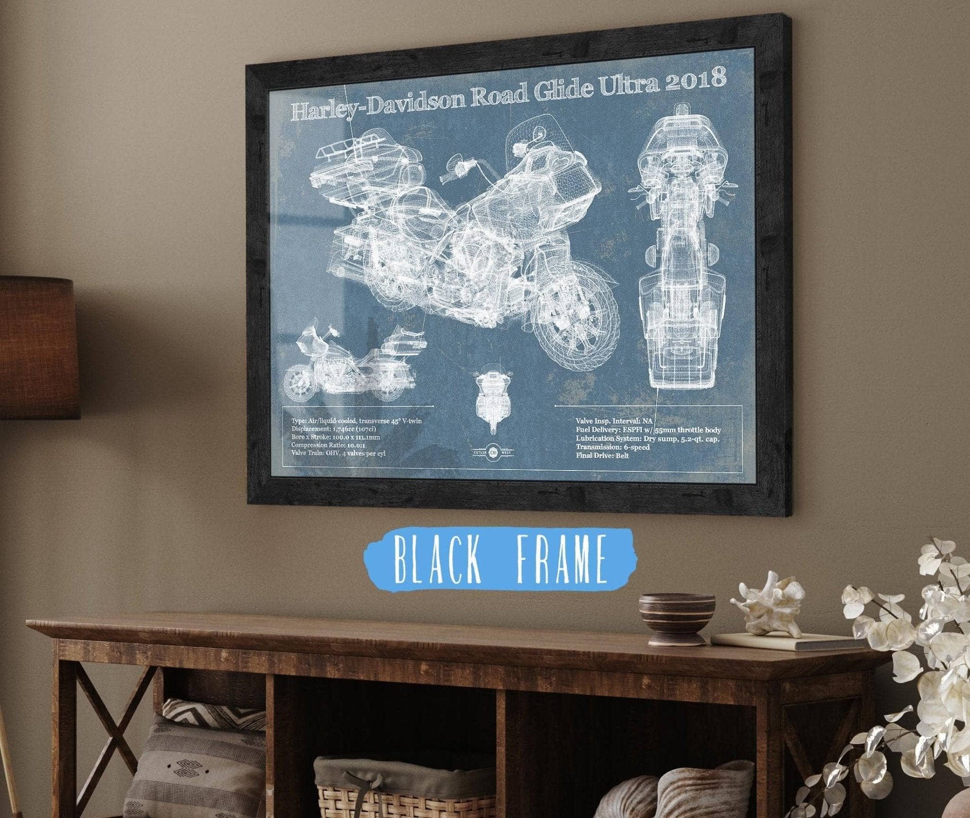Cutler West 14" x 11" / Black Frame Harley-Davidson Road Glide Ultra 2018 Blueprint Motorcycle Patent Print 933450240_12003