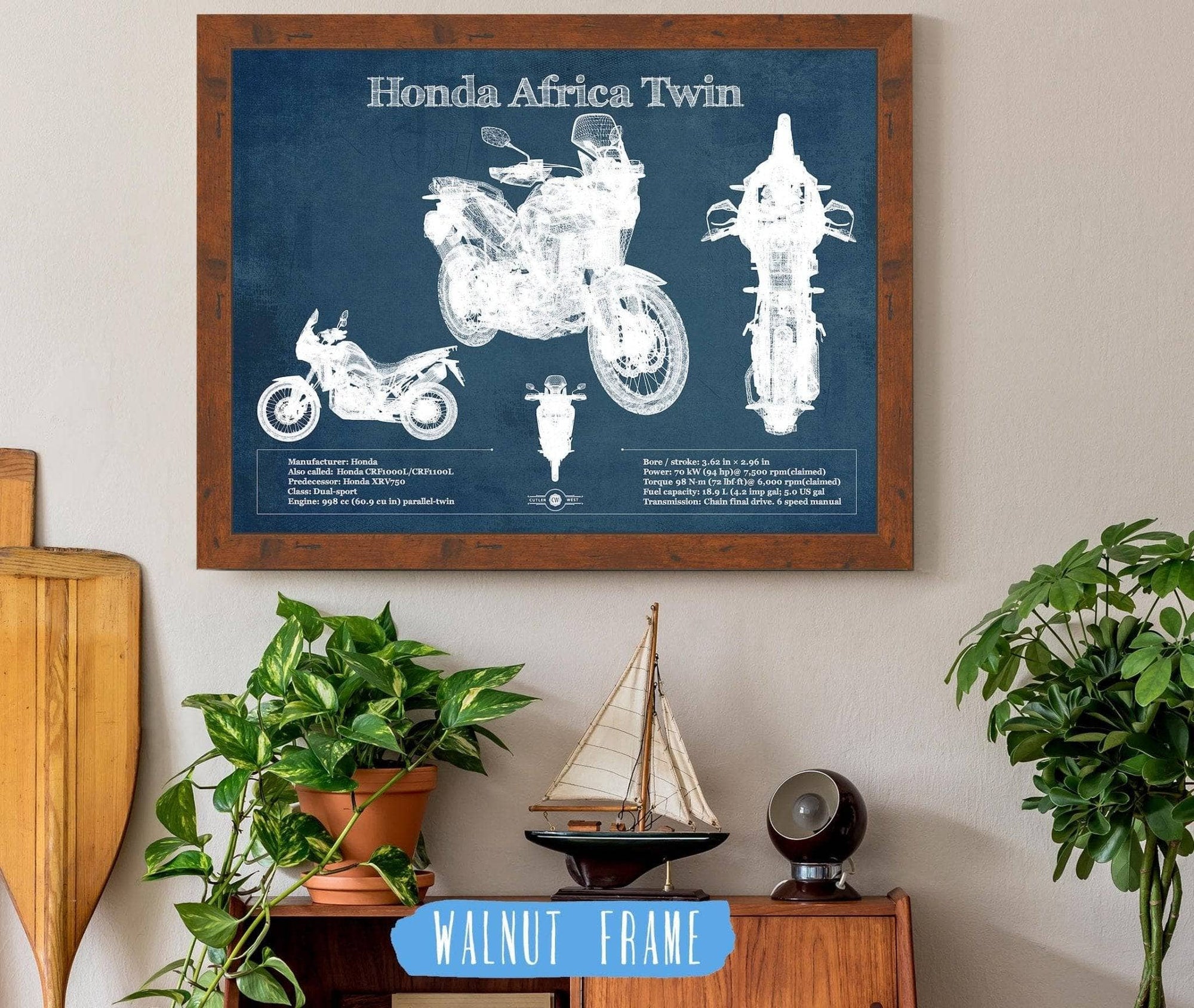 Cutler West 14" x 11" / Walnut Frame Honda CRF1000L/CRF1100 Africa Twin Motorcycle Patent Print 933350100_15965