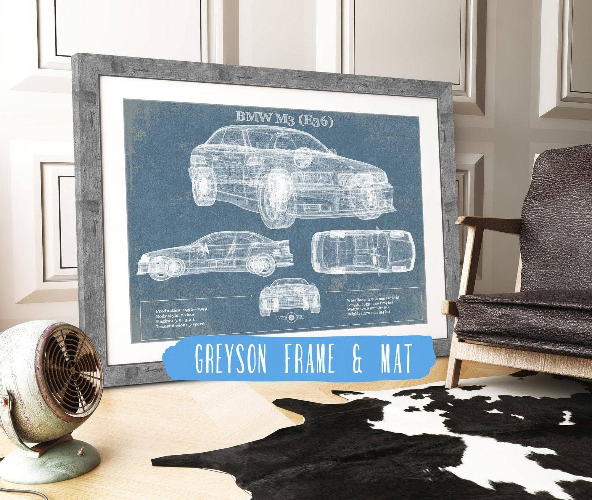 Cutler West Vehicle Collection 14" x 11" / Greyson Frame & Mat BMW M3 (E36) Vintage Blueprint Auto Print 833110078_47689