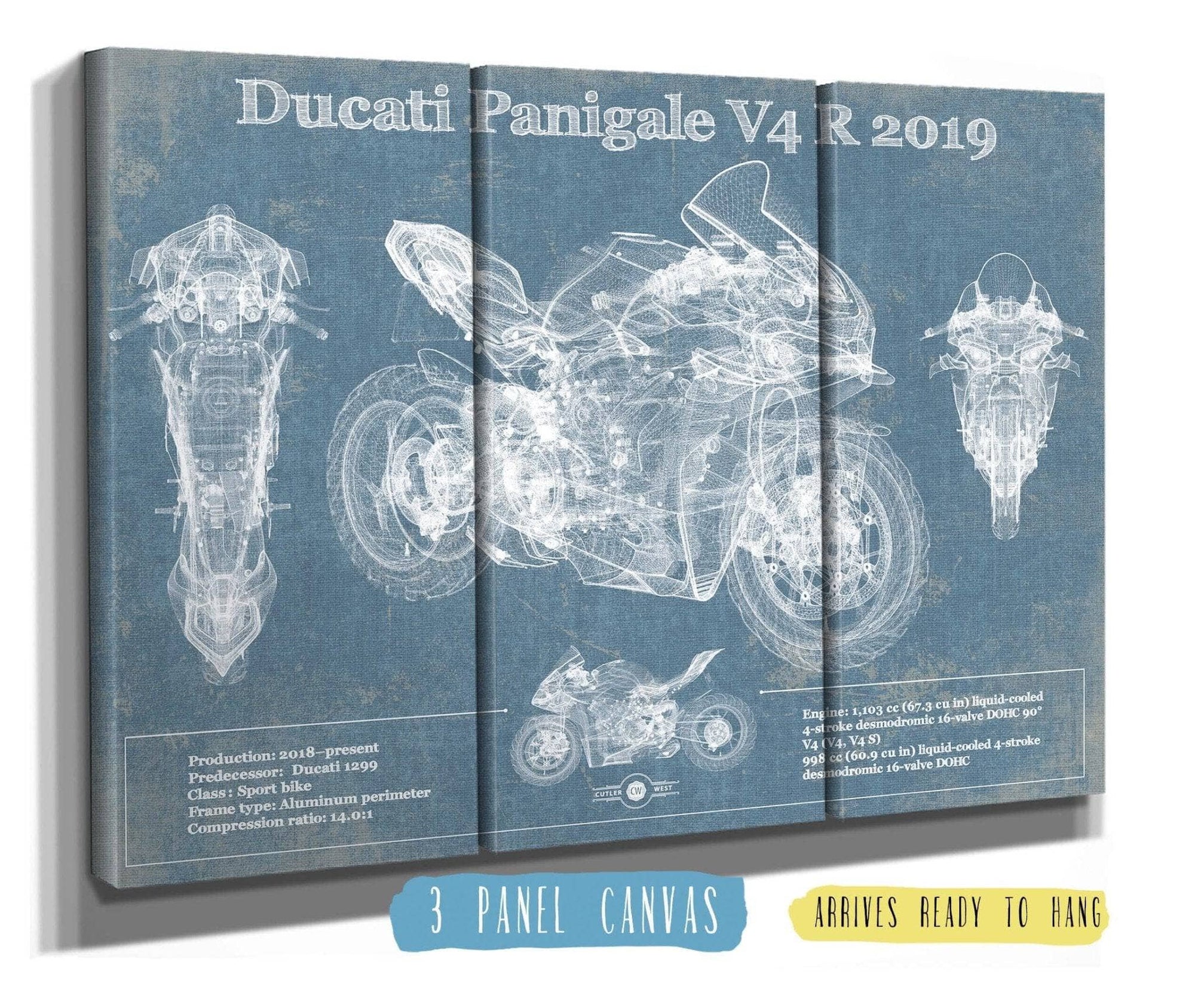 Cutler West 48" x 32" / 3 Panel Canvas Wrap Ducati Panigale V4 R 2019 Vintage Blueprint Motorcycle Patent Print 845000222_61459
