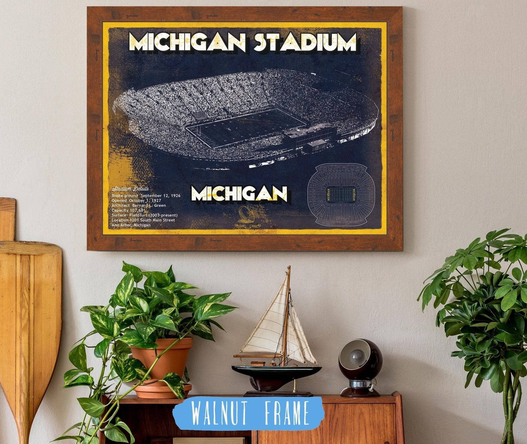 Cutler West College Football Collection 14" x 11" / Walnut Frame Michigan Wolverines Art - Michigan Stadium Vintage Stadium Blueprint Art Print 729151057-TOP_73994