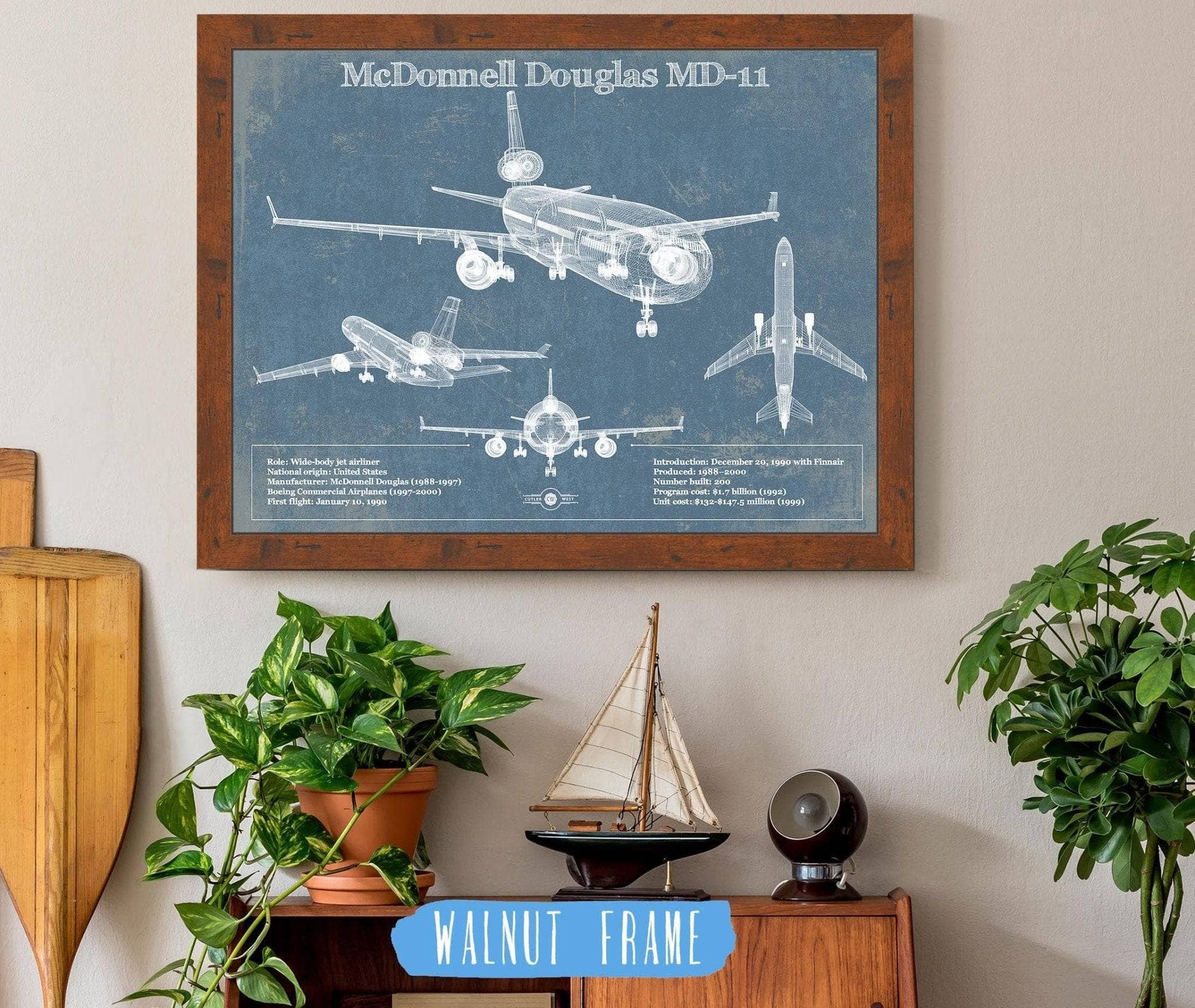 Cutler West McDonnell Douglas Collection 14" x 11" / Walnut Frame McDonnell Douglas MD-11 Vintage Aviation Blueprint Print 896038797_17935