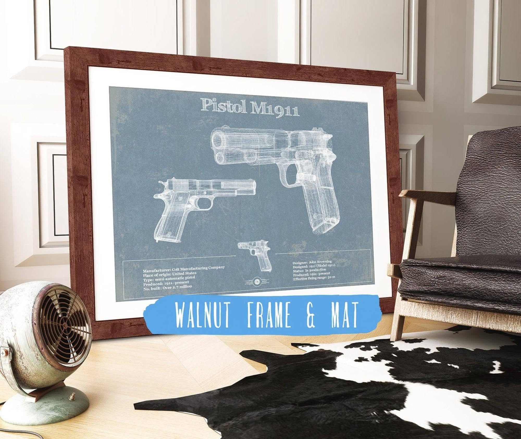 Cutler West Military Weapons Collection 14" x 11" / Walnut Frame & Mat Pistol M1911 Blueprint Vintage Gun Print 878209258_17087
